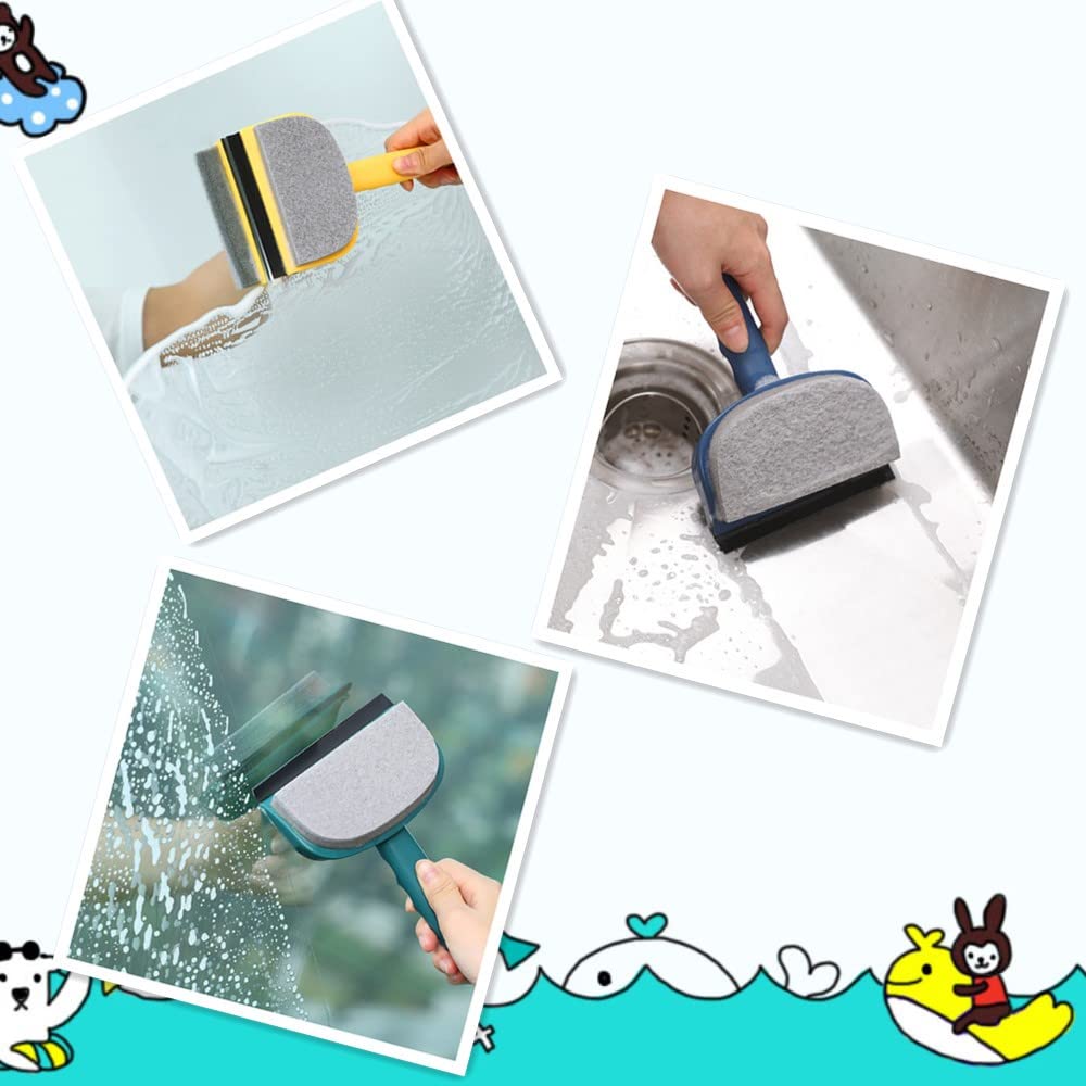 2-Pack Bathroom Wall Cleaning Sponge Brush - Double Sided Window Scrubber with Handle for Mirrors, Tiles, and Glass - Portable Window Cleaning Tool (Yellow) - Perfect for Bathroom, Kitchen, and Car Windows