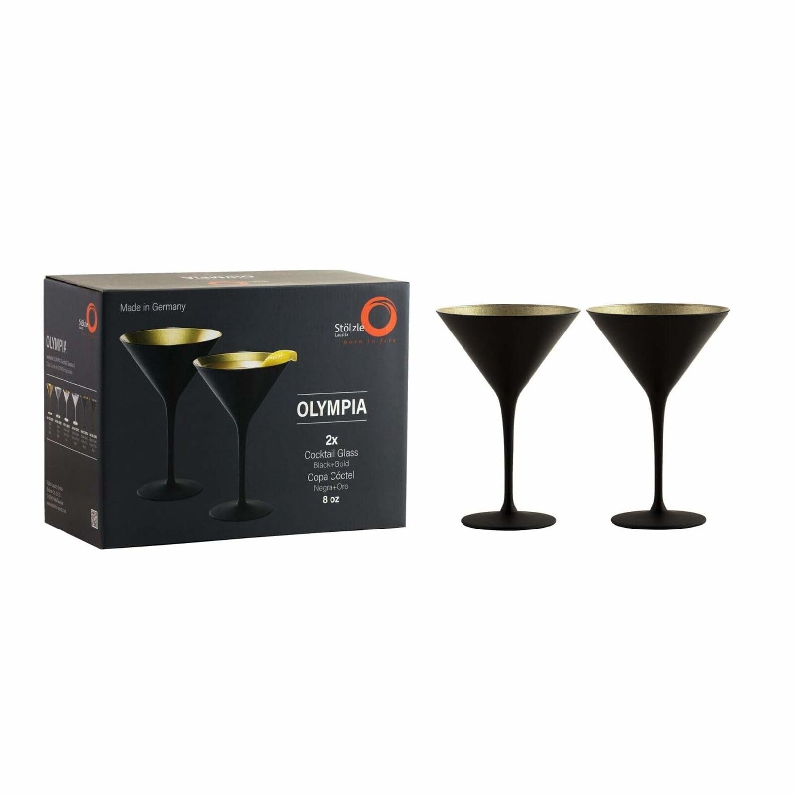 Stölzle Lausitz Olympia 8oz Martini Glasses Set of 6 - Premium Crystal Cocktail Glasses, Lead-Free & Dishwasher Safe Barware - Perfect for Gatsby Parties, Wedding Receptions & Upscale Home Entertaining (Black/Gold)