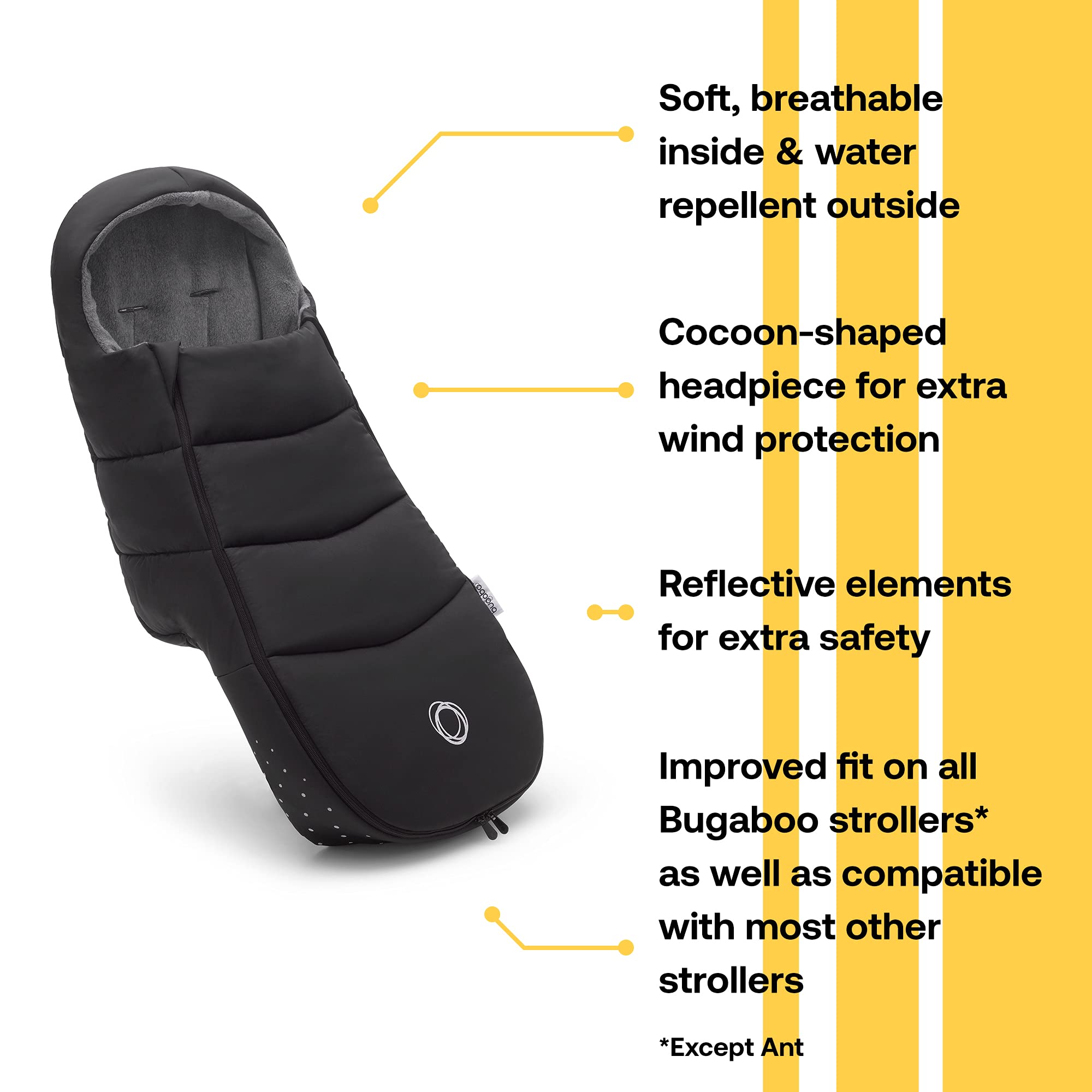 Bugaboo Footmuff - All-Season Weatherproof Stroller Accessory with Removable Climate Control & Reflective Trim - Midnight Black - Perfect for Winter Walks, Baby Stroller Comfort & Outdoor Adventures