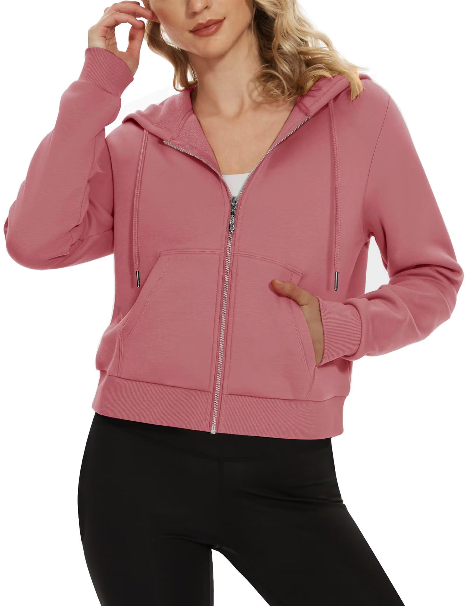 MAGCOMSEN Women's Fleece-Lined Cropped Zip Up Hoodie Jacket with Pockets - Cozy Winter Outerwear for Casual Wear, Gym & Street Style