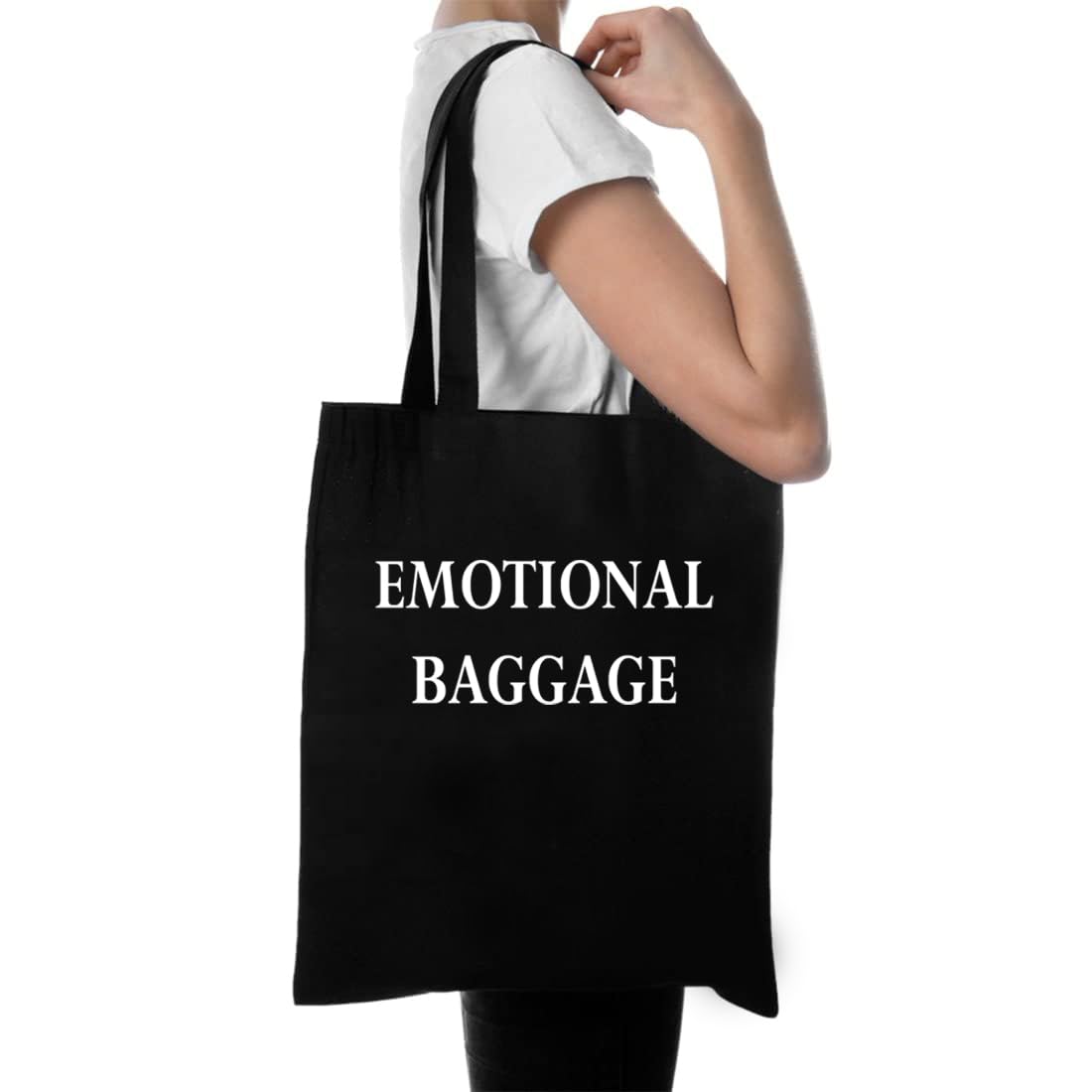 Black Canvas Tote Bag for Women - Printed Cotton Handbag with Emotional Baggage Design | Durable Multipurpose Purse for Work, School & Shopping | Cute Casual Shoulder Bag for Girls