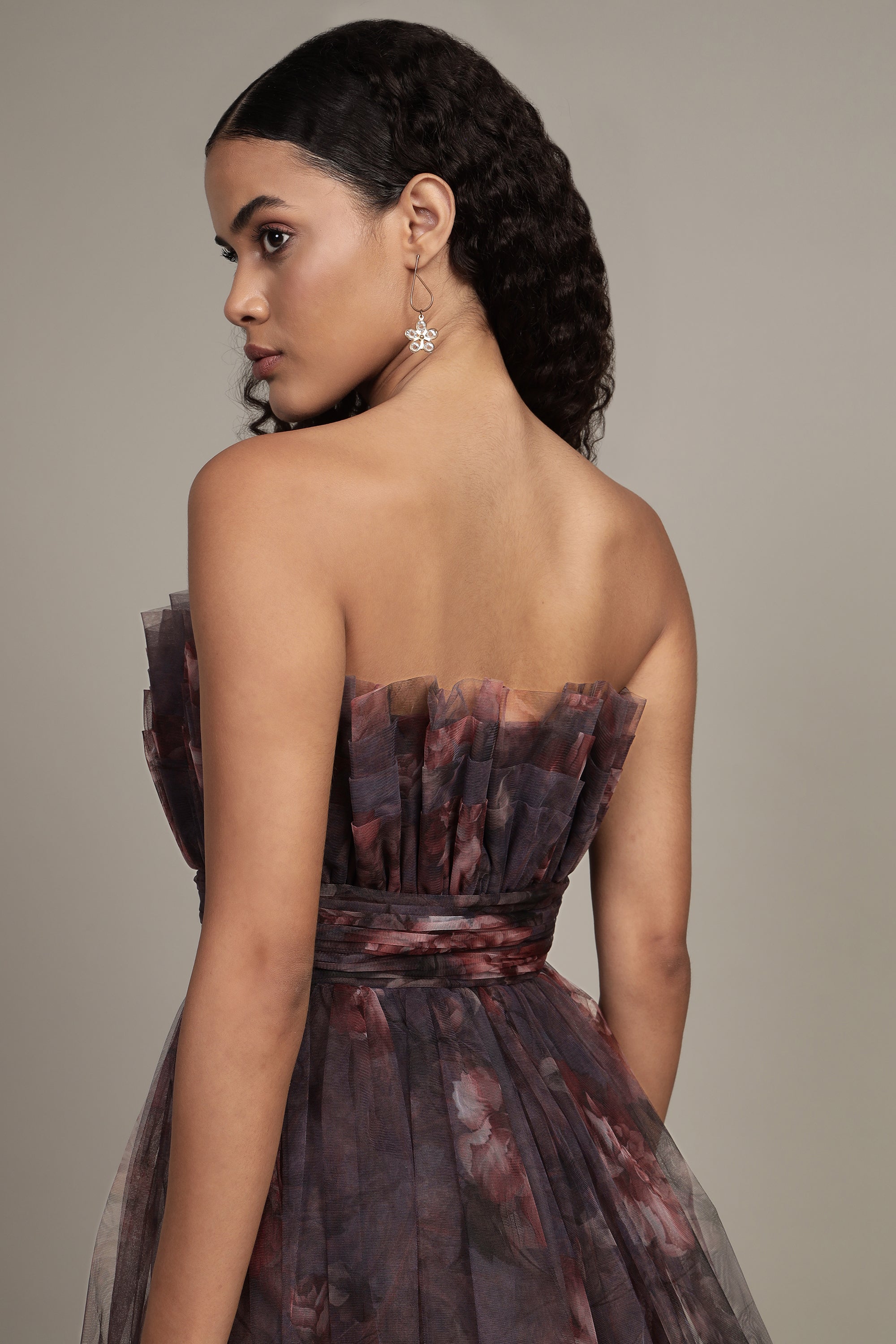 Nanita Mini Dress with Balloon Hem in Plum Floral Print - Elegant Summer Party Dress for Women, Perfect for Weddings, Dates & Cocktail Events