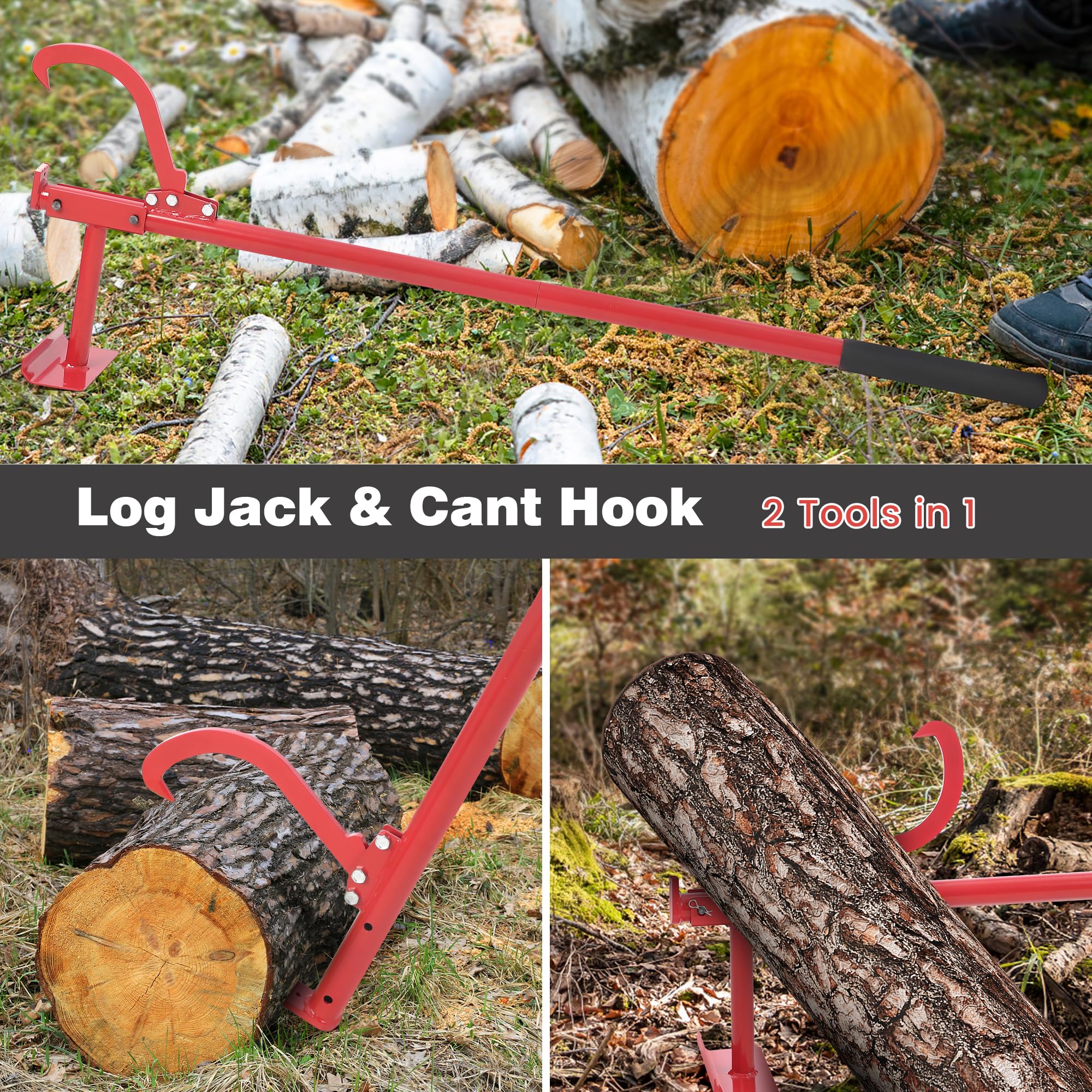 48IN Cant Hook Log Peavey Tool - 2-in-1 Adjustable Logging Equipment with Timberjack Lifter & Rubber Handle - Heavy Duty Log Roller for Wood Splitting, Forestry Work and Firewood Processing