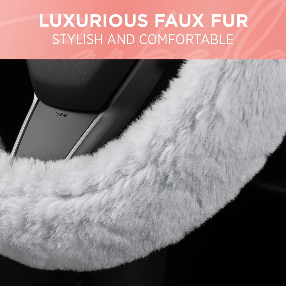 Gray Fuzzy Steering Wheel Cover - Standard 15 Inch Universal Fit for Most Cars, Soft Fluffy Faux Fur Car Steering Wheel Protector - Comfortable & Stylish Car Accessories for Women | Perfect for Winter Driving & Daily Commute