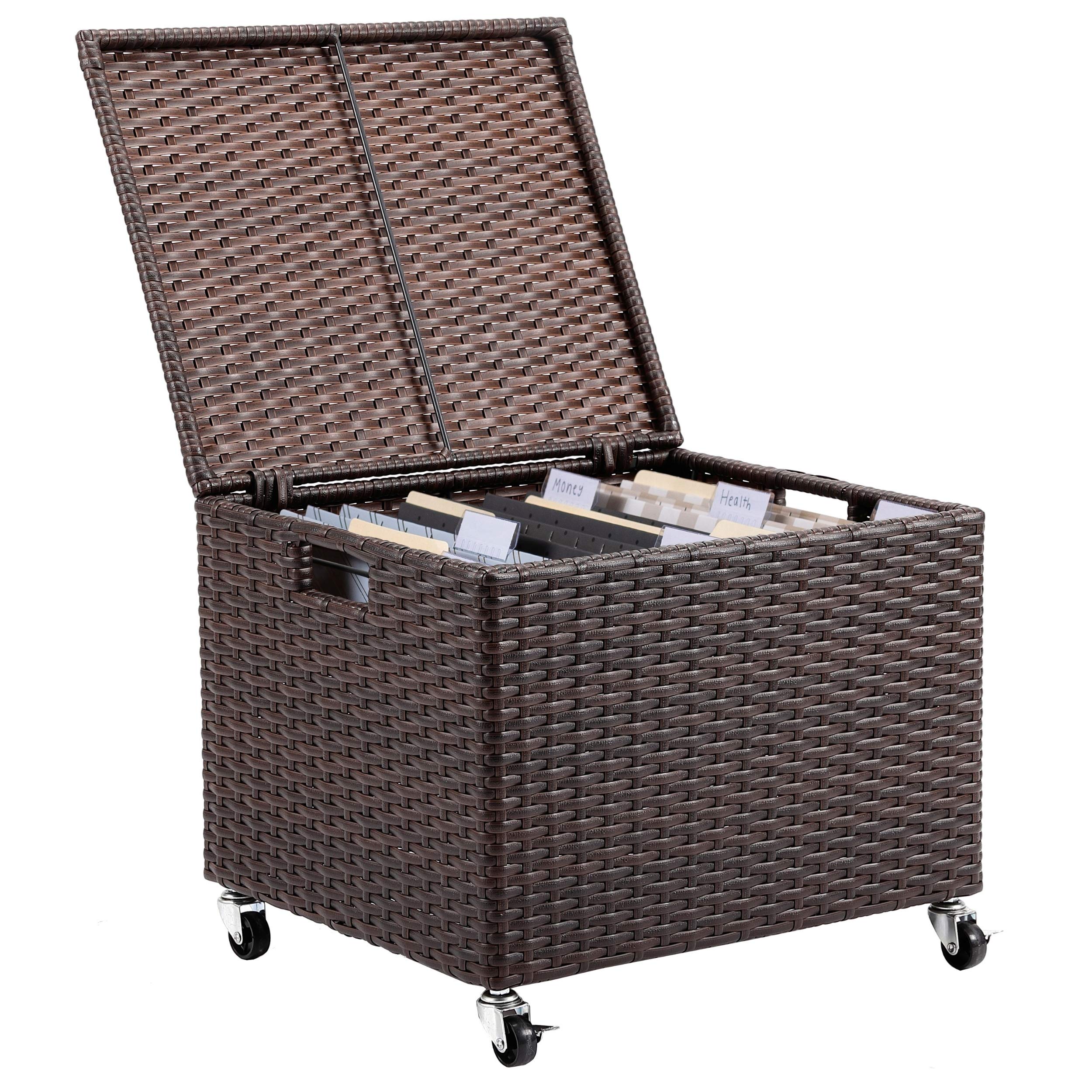 BirdRock Home Rolling File Box with Wheels - Portable Storage Cabinet for Office & Home - Synthetic Rattan Wicker File Organizer - Espresso Home Office Decor - Perfect for Document Storage, Office Organization & Home Workspaces