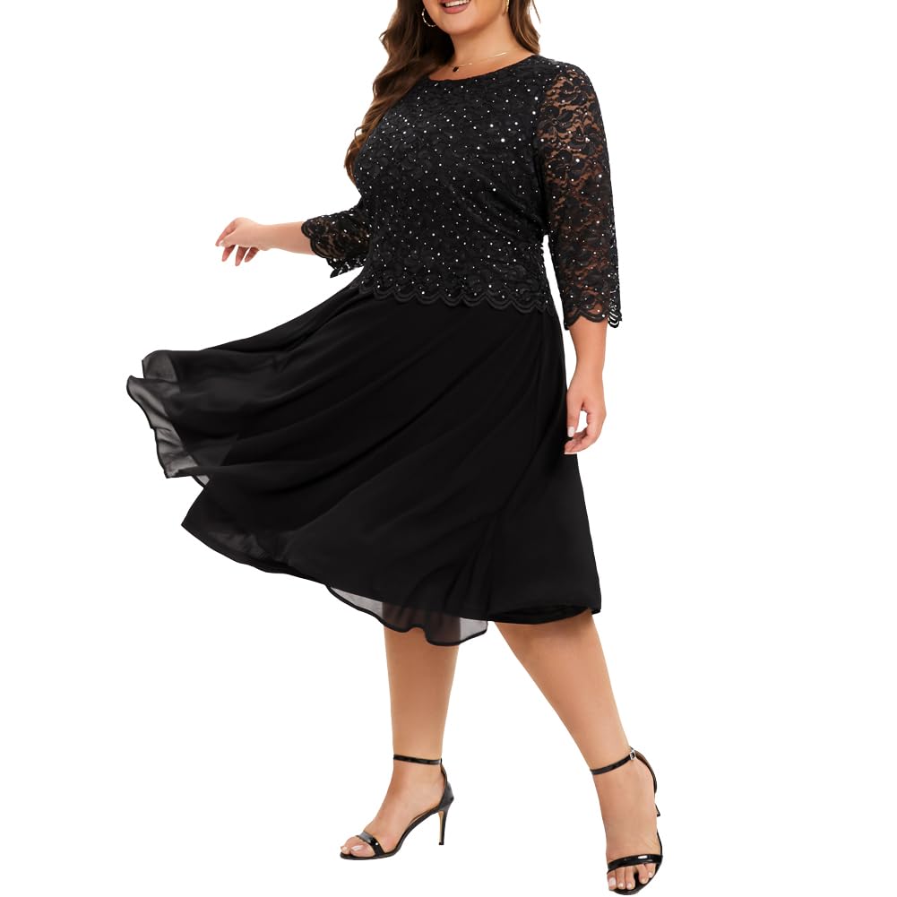 Plus Size Sequin Lace Tea Length Dress for Women - Elegant Mother of the Bride Dress for Weddings, Parties & Special Occasions | Perfect for Cocktail Receptions, Anniversary Celebrations & Formal Events