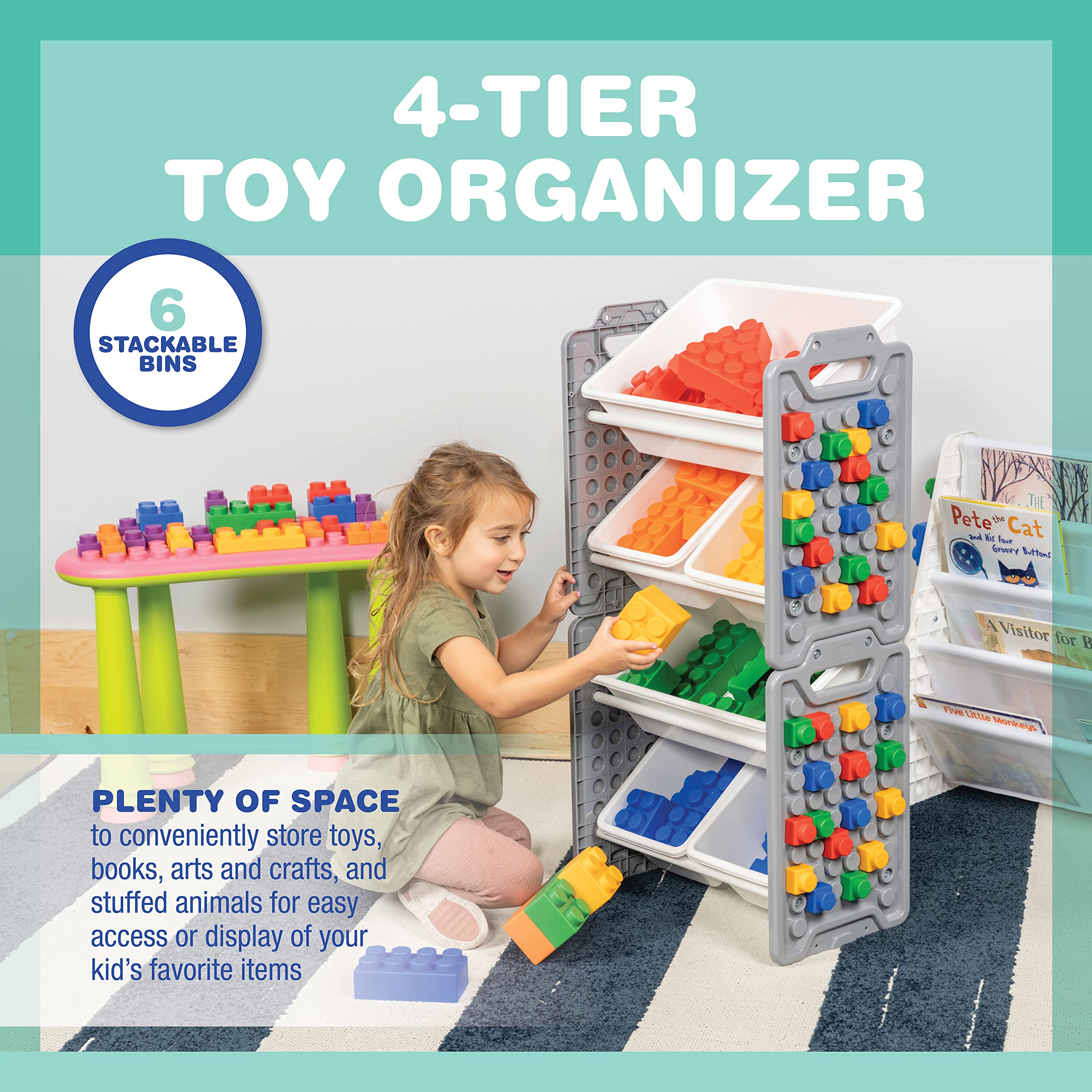 UNiPLAY 6-Bin Toy Storage Organizer with Removable Bins - Kids Bookshelf for Building Blocks, School Supplies & Toys - Sturdy Baseplate Frame (Gray) - Perfect for Playrooms, Classrooms & Home Organization