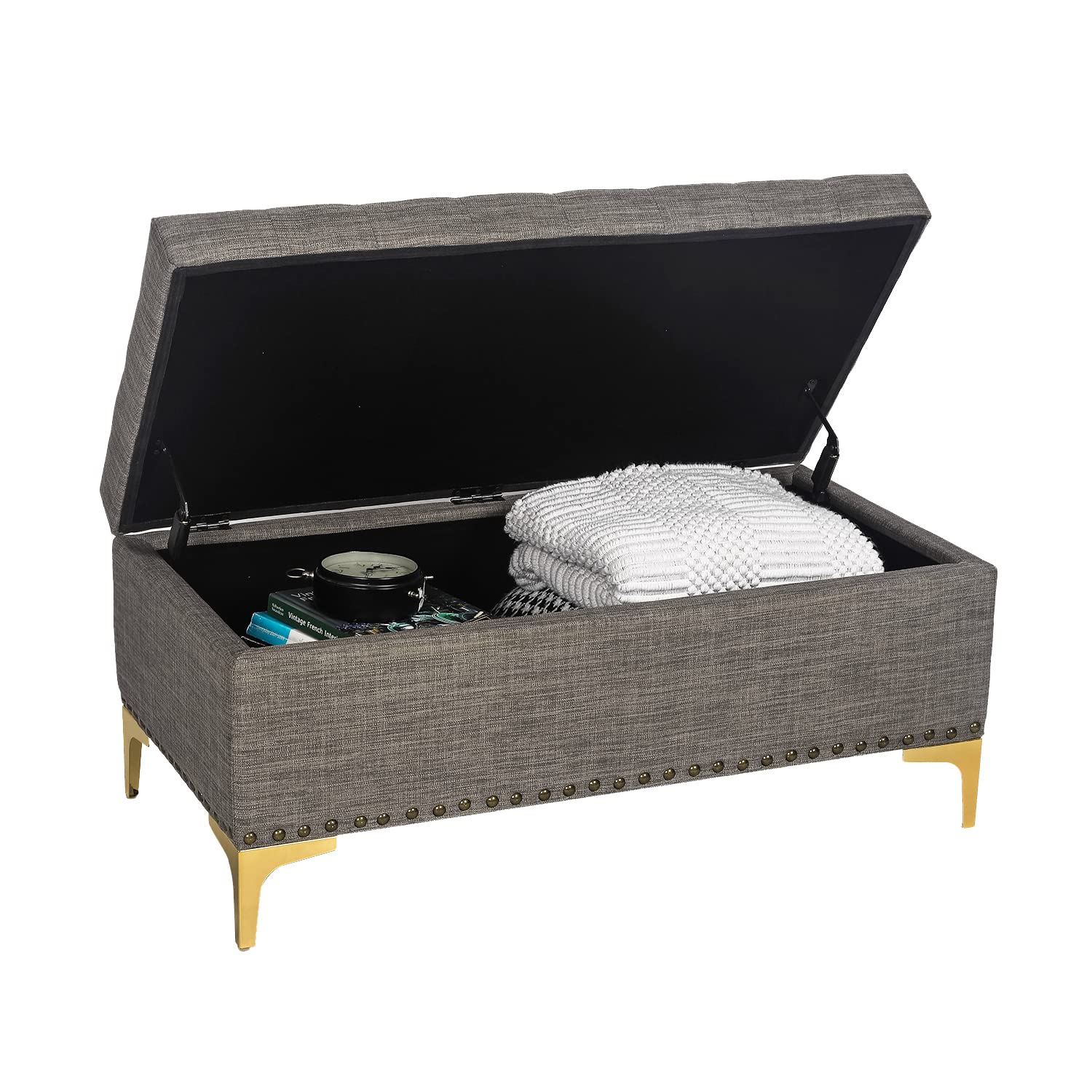 Adeco Tufted Rectangular Storage Ottoman Bench with Lift Top & Sturdy Metal Legs - Dark Grey Footstool for Living Room, Bedroom, or Entryway Storage