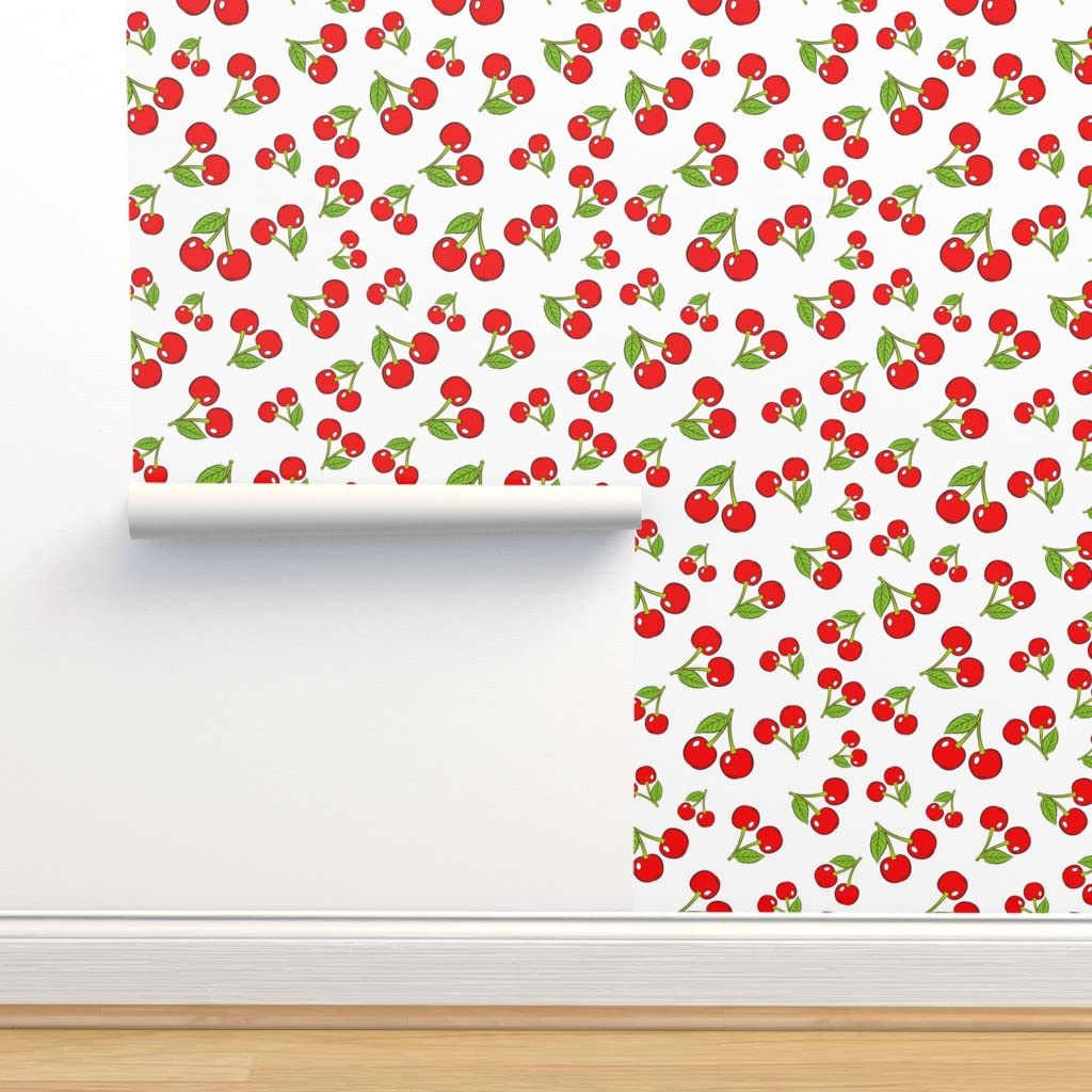 Premium Commercial Grade Wallpaper Roll 27ft x 2ft - Cherry Fruit Red Vintage Retro Peel and Stick Wallpaper for Kitchen, Bedroom, Nursery Decor by Spoonflower