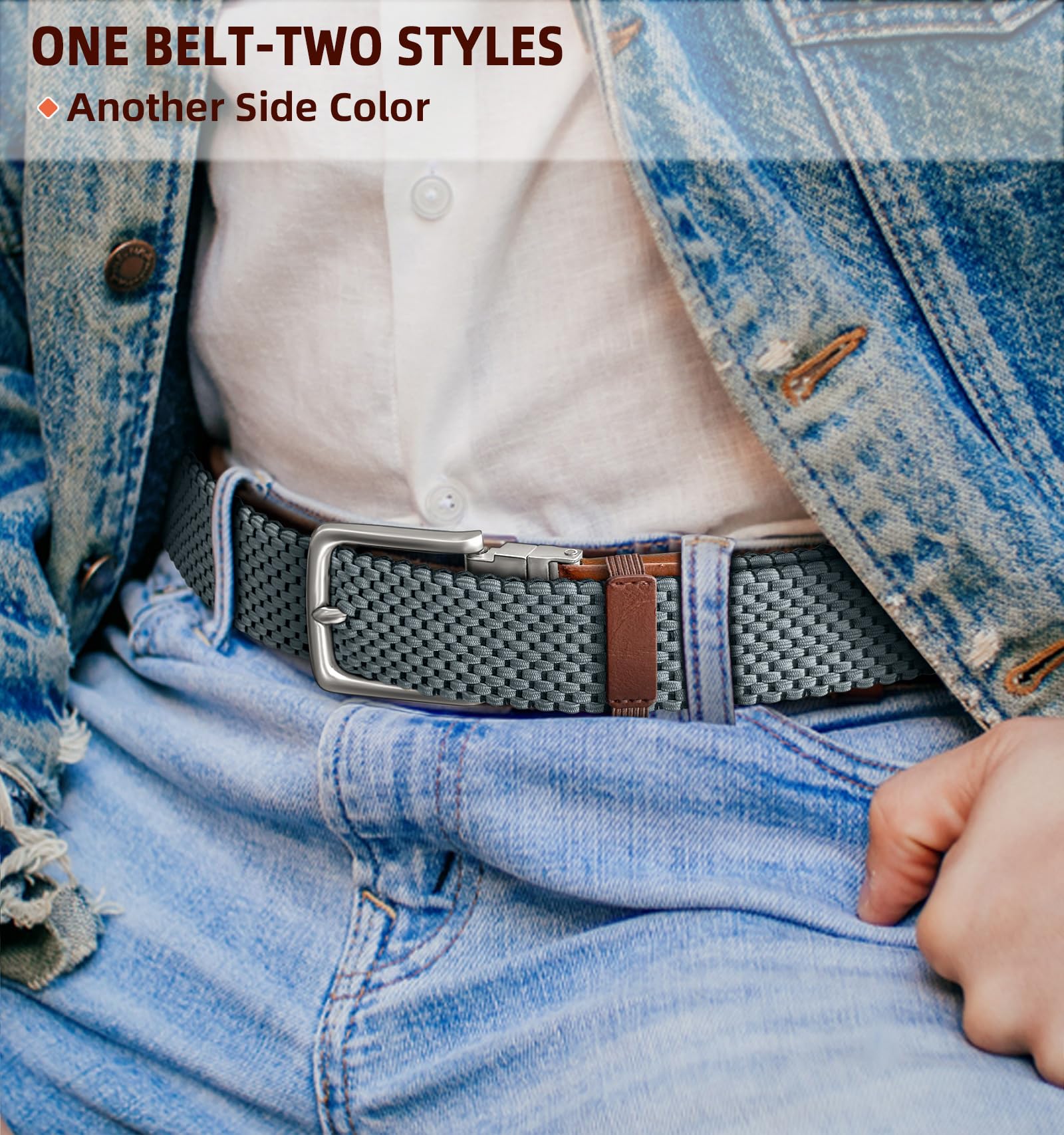 KEMISANT Reversible Braided Belt for Men - Stretchable Elastic Golf & Casual Belt - 2-in-1 Design (1 3/8
