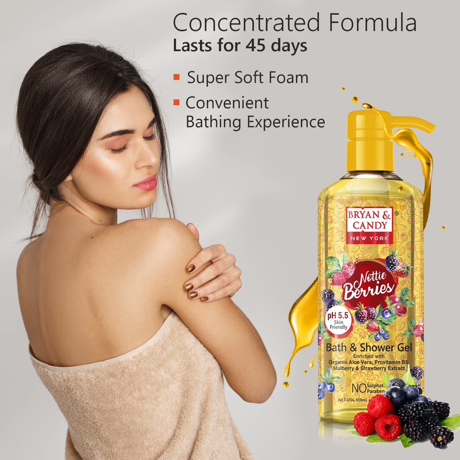 Bryan & Candy Aloe Vera Shower Gel - Gentle Moisturizing Body Wash for Soft, Supple Skin - Nottie Berries Scented (500ml) | Perfect for Daily Hydration & Relaxing Bath Time