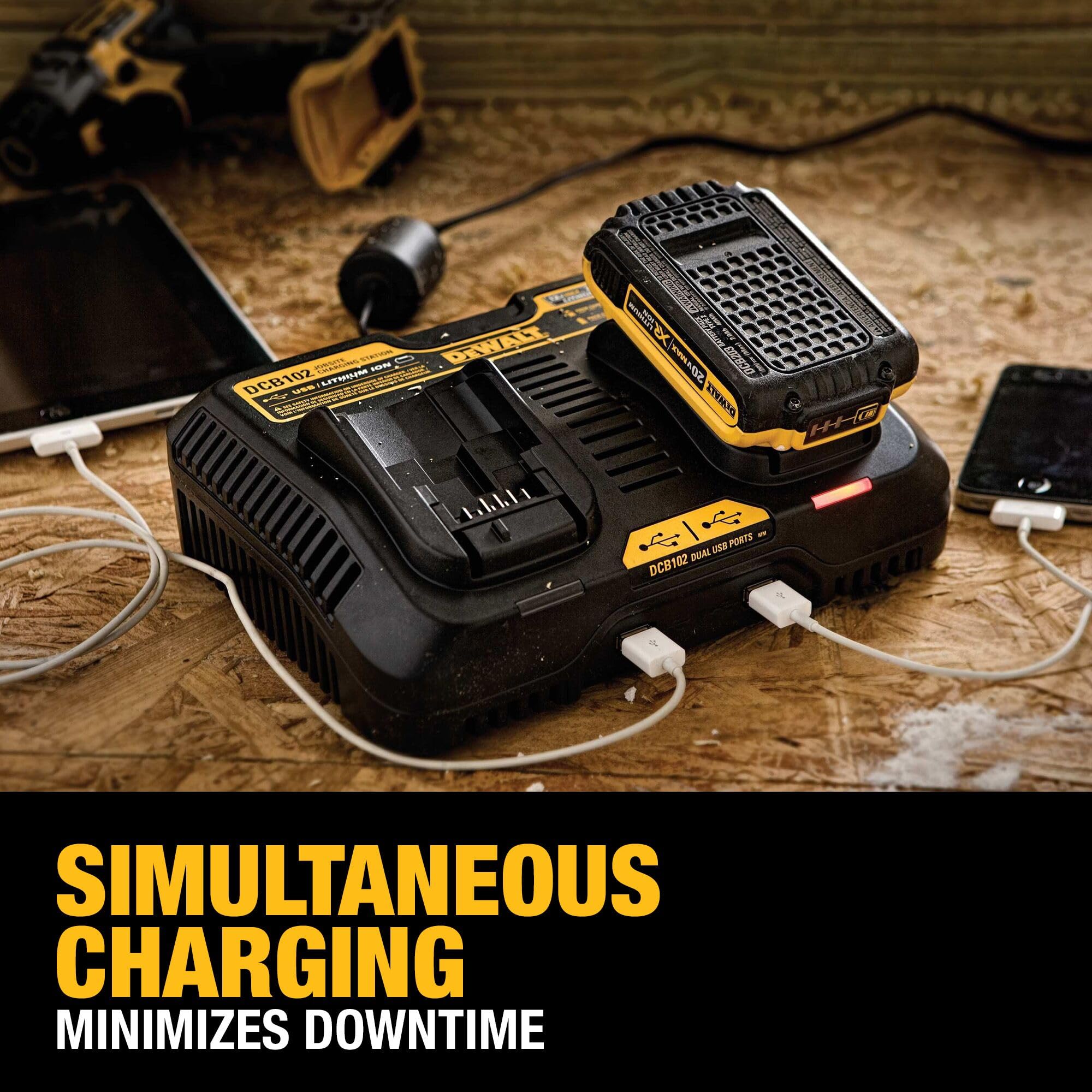 DEWALT 12V/20V MAX Corded Battery Charger with Dual Charging Station & 2 USB Ports (DCB102) - Fast Charging for Power Tools, Outdoor Equipment & DIY Projects