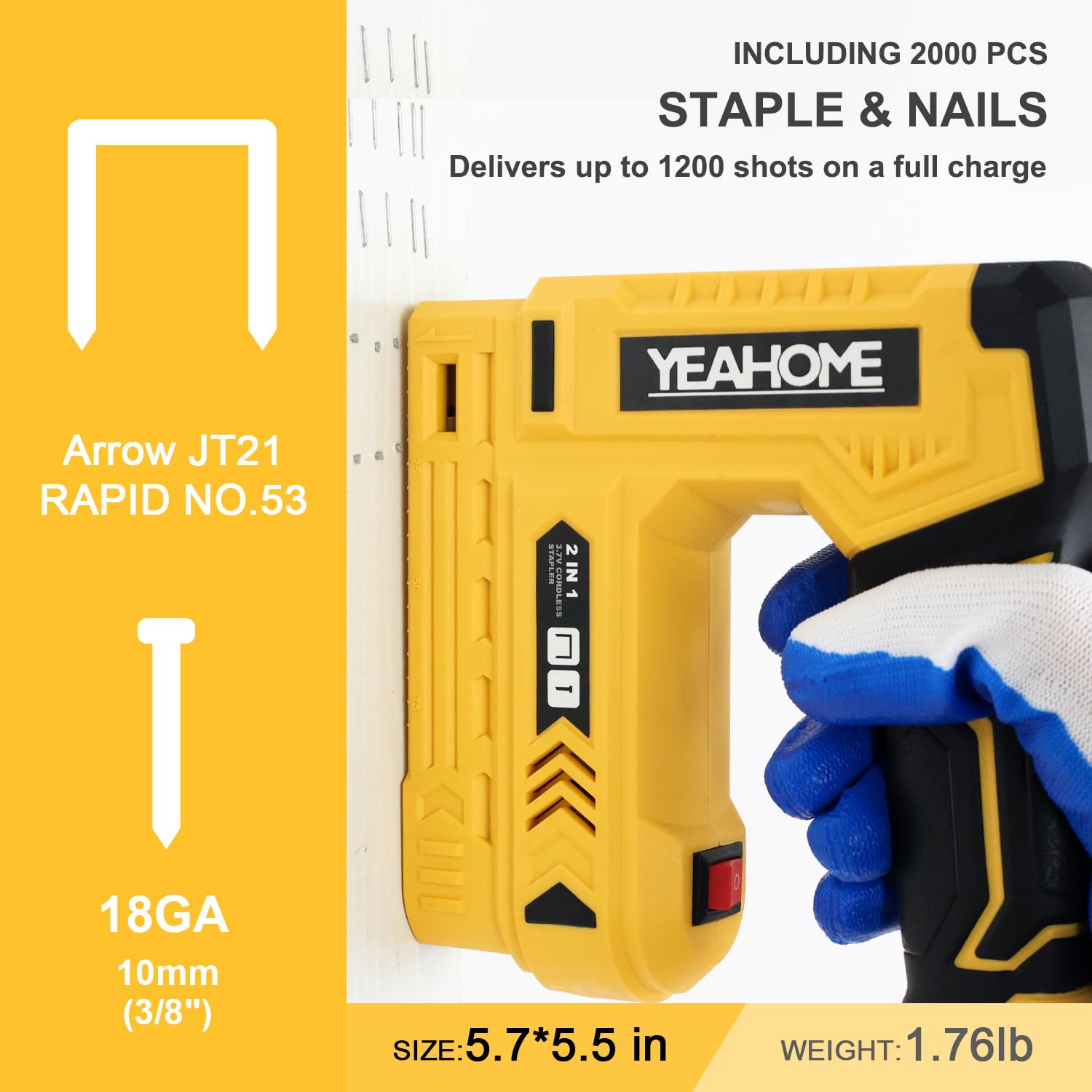 YEAHOME 3.7V Cordless Electric Staple Gun & Brad Nailer Kit - 2-in-1 Light Duty Staple Gun for Upholstery, Woodworking, Carpentry & DIY Crafts - Includes 2000 Staples/Nails, USB Charger & Staple Remover - Perfect for Home Furniture Repair, Picture Hanging & Craft Projects