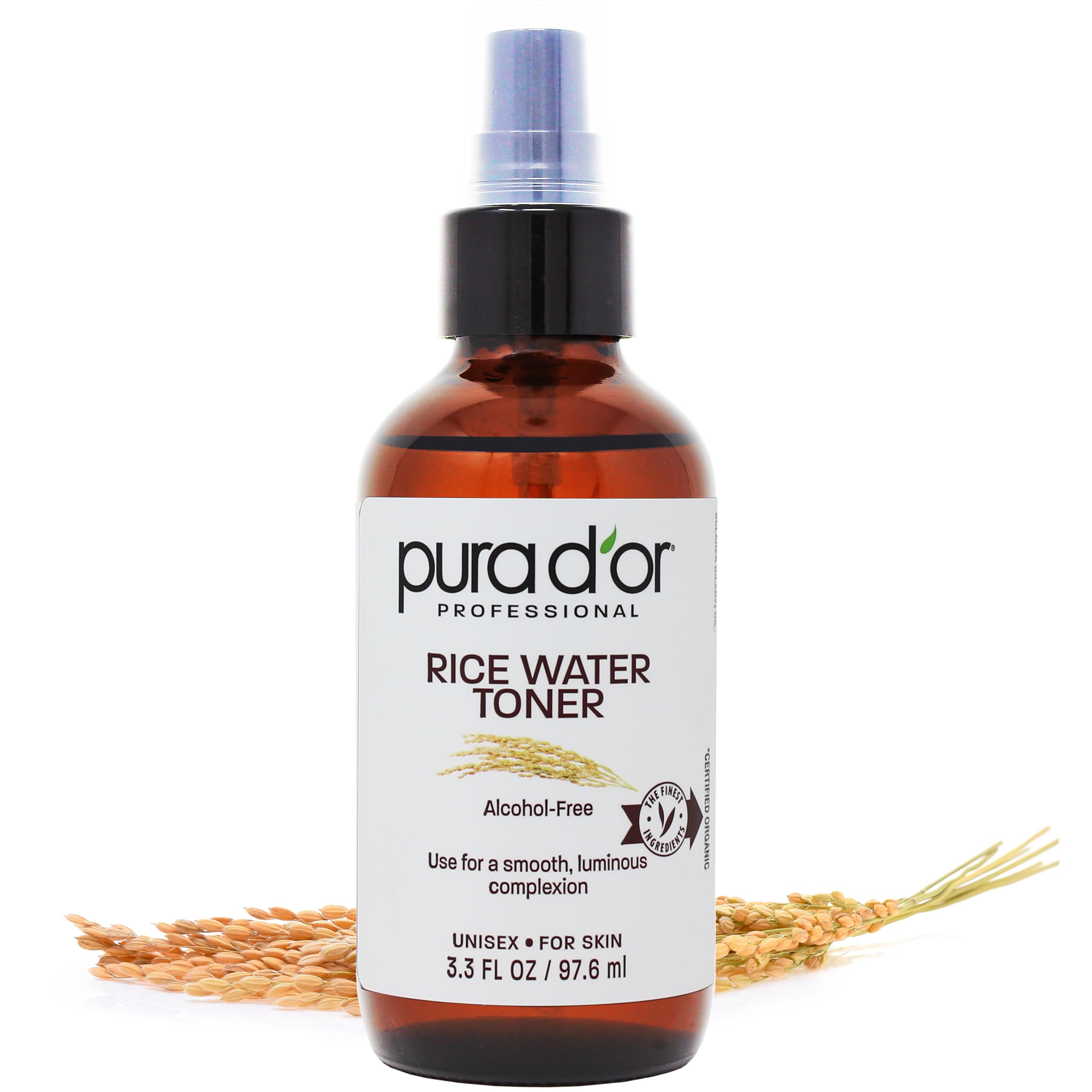 PURA D'OR 3.3 Oz Rice Water Facial Toner - Hydrating & Balancing Face Toner with Natural Extracts for Radiant Skin - Alcohol-Free, Soothing Formula Improves Skin Texture - Travel Size for On-the-Go Skincare - Perfect for Daily Use, Morning & Night Routine
