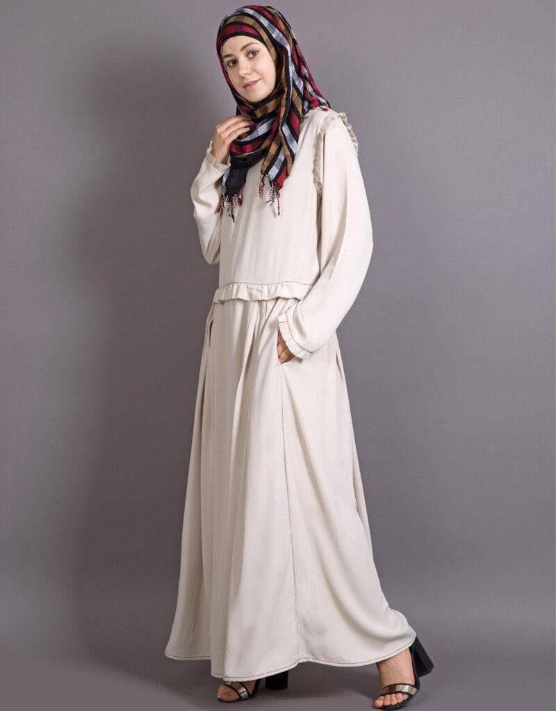 Elegant Arabic Raw Edge Pleated Waist Abaya Dress - Cream Color for Women | Perfect for Prayer, Modest Fashion & Special Occasions