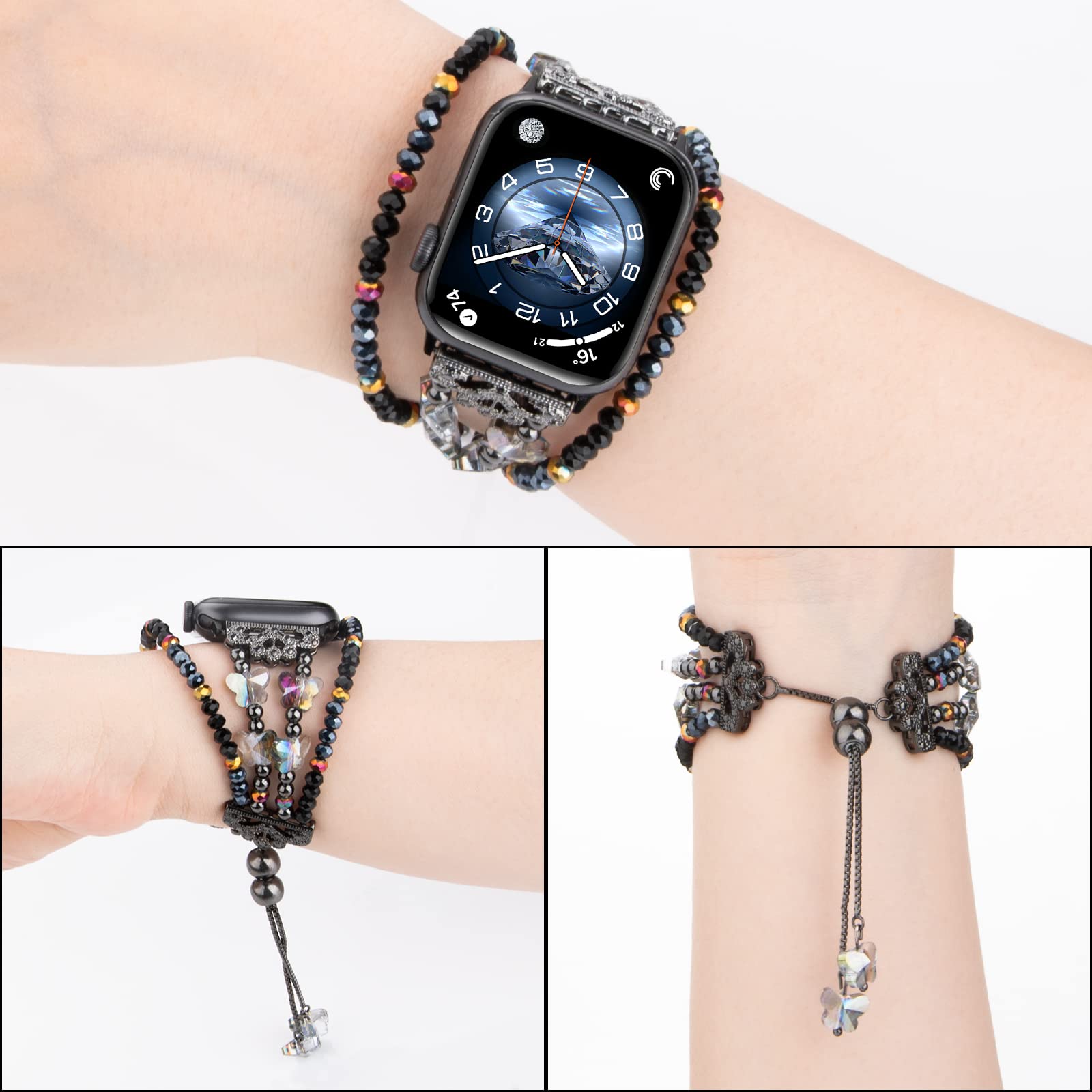 TOMAZON Butterfly Beaded Charm Bracelet Band for Apple Watch Series 9/8/7/SE/6/5/4 (38mm/40mm/41mm) - Slim Crystal Wristband for Women, Handmade Bling Accessory - Perfect for Parties, Weddings & Everyday Wear