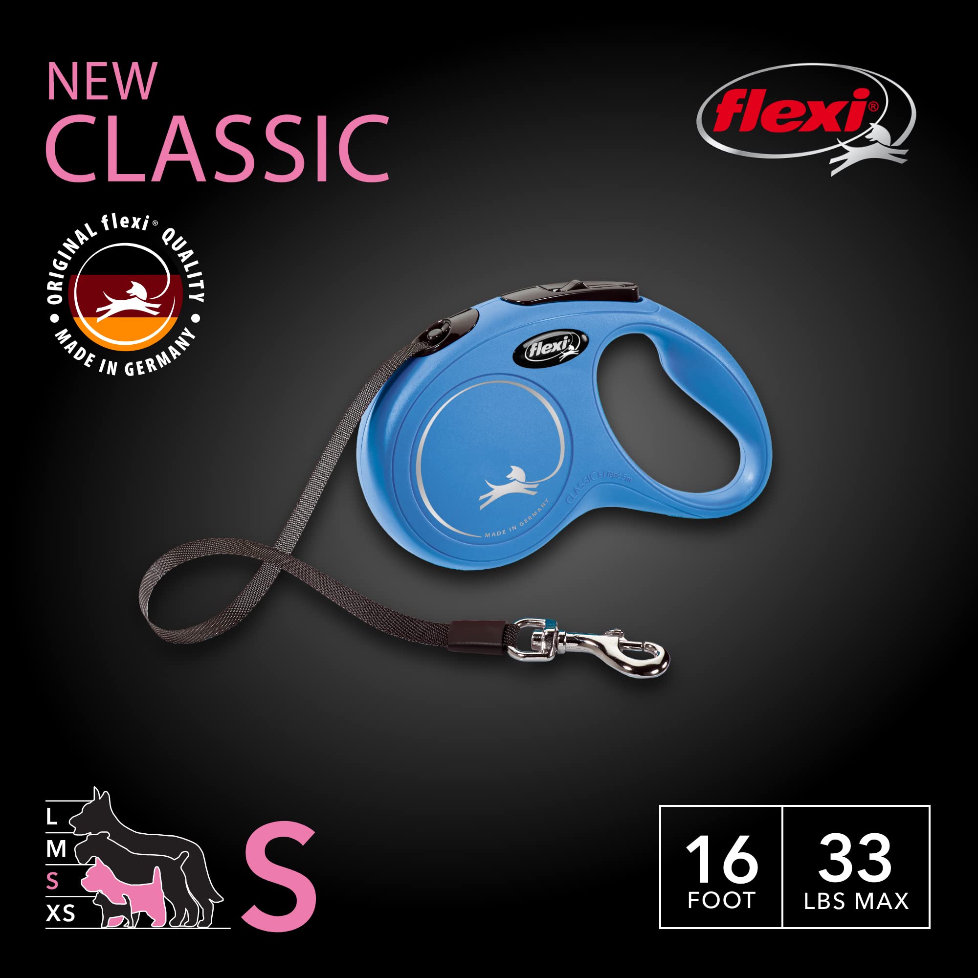 FLEXI New Classic Retractable Dog Leash for Small Dogs Up to 33 lbs - 16ft Blue | Tangle-Free Walking Leash with One-Hand Brake, Pause & Lock | German Engineered Pet Accessory | Perfect for Park Walks, Training & Daily Exercise
