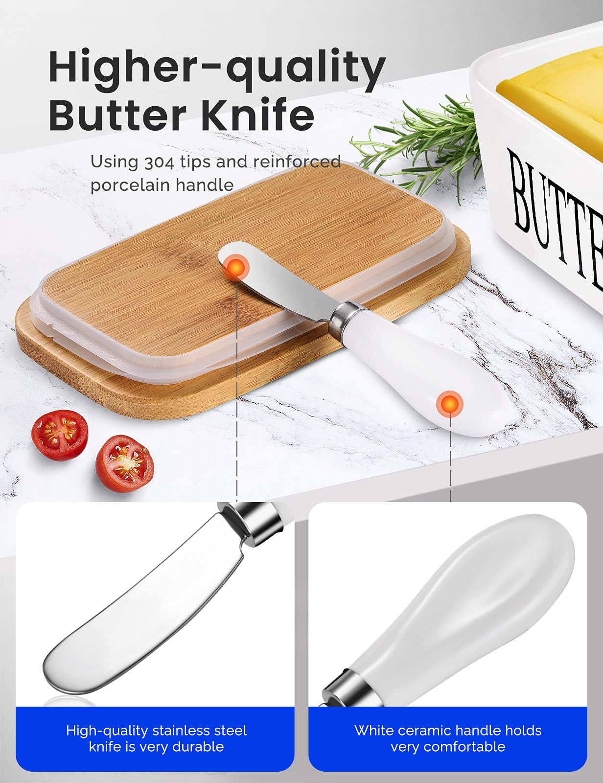 2 Pack Stainless Steel Butter Knife with White Porcelain Handle - Cheese & Butter Spreader Set for Kitchen, Breakfast, Brunch & Entertaining