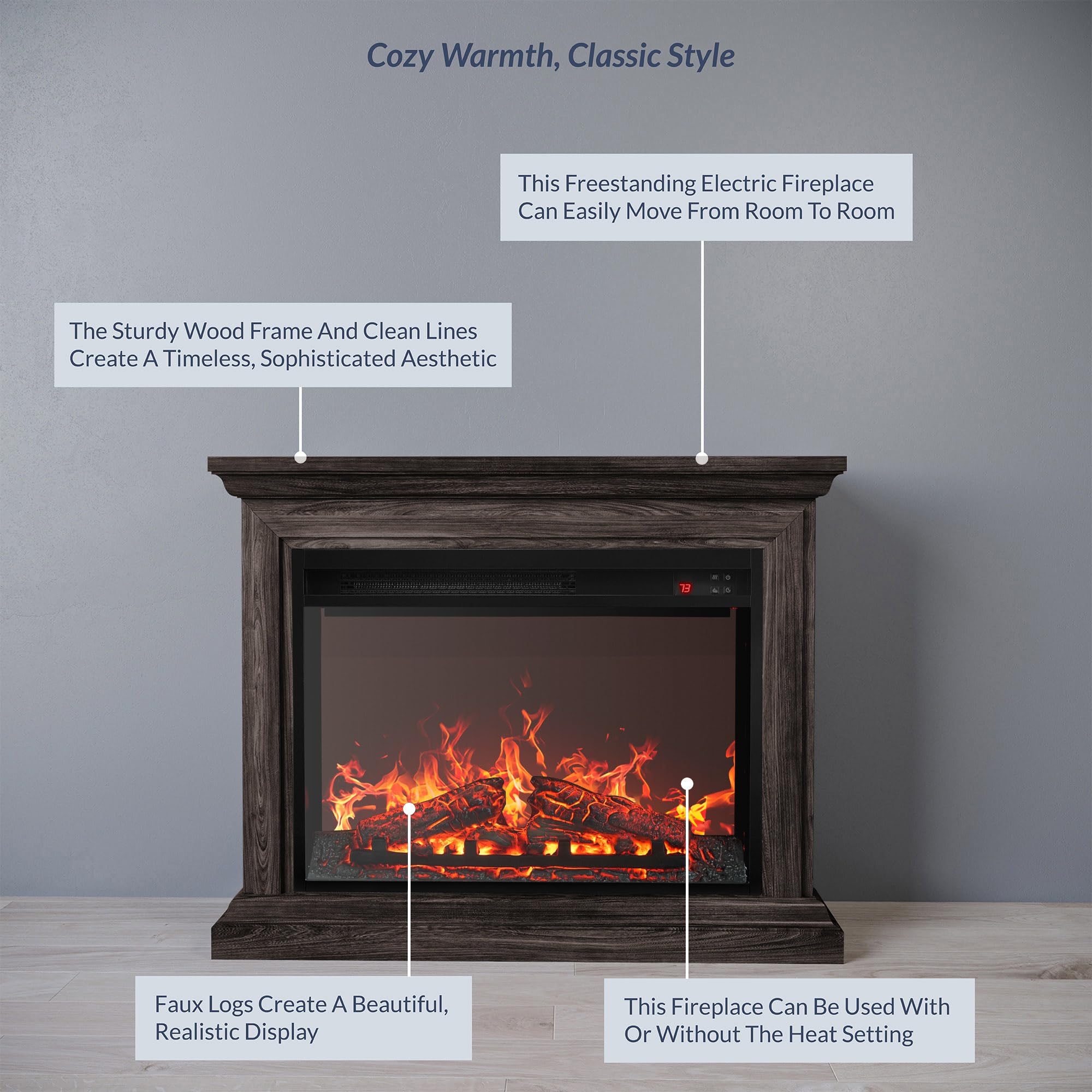 BELLEZE 23 Inch Electric Fireplace Heater with 31 Inch Mantel - Remote Control, Realistic LED Flame Effect, Adjustable Thermostat, 750W/1500W - Perfect for Living Room, Bedroom, Office & Home Decor (Gray)