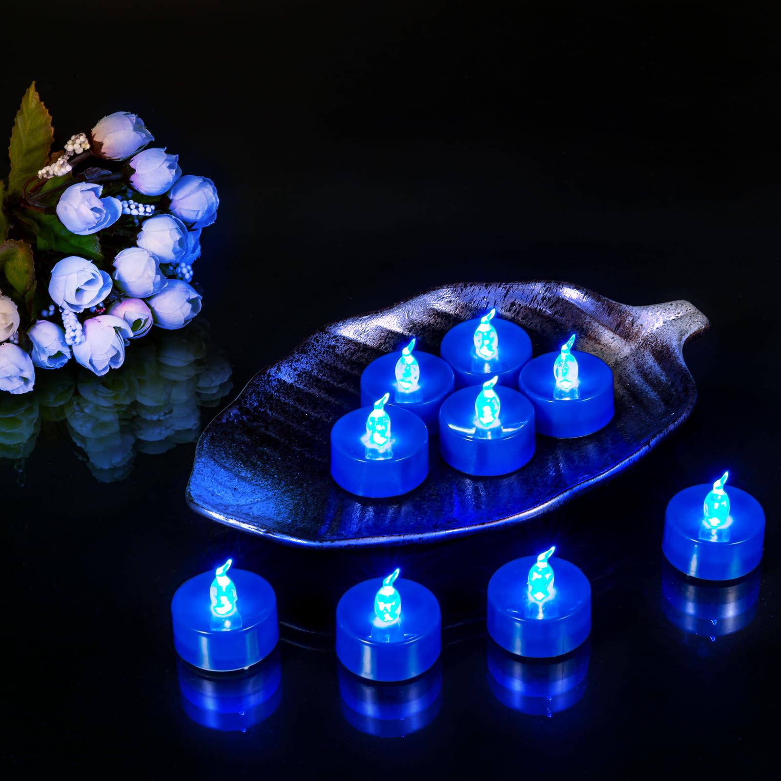 24-Pack Blue Flickering LED Flameless Tea Light Candles - Battery Operated Fake Candles with Realistic Flame Effect - Perfect for Halloween Decor, Wedding Centerpieces, and Romantic Dinner Ambiance