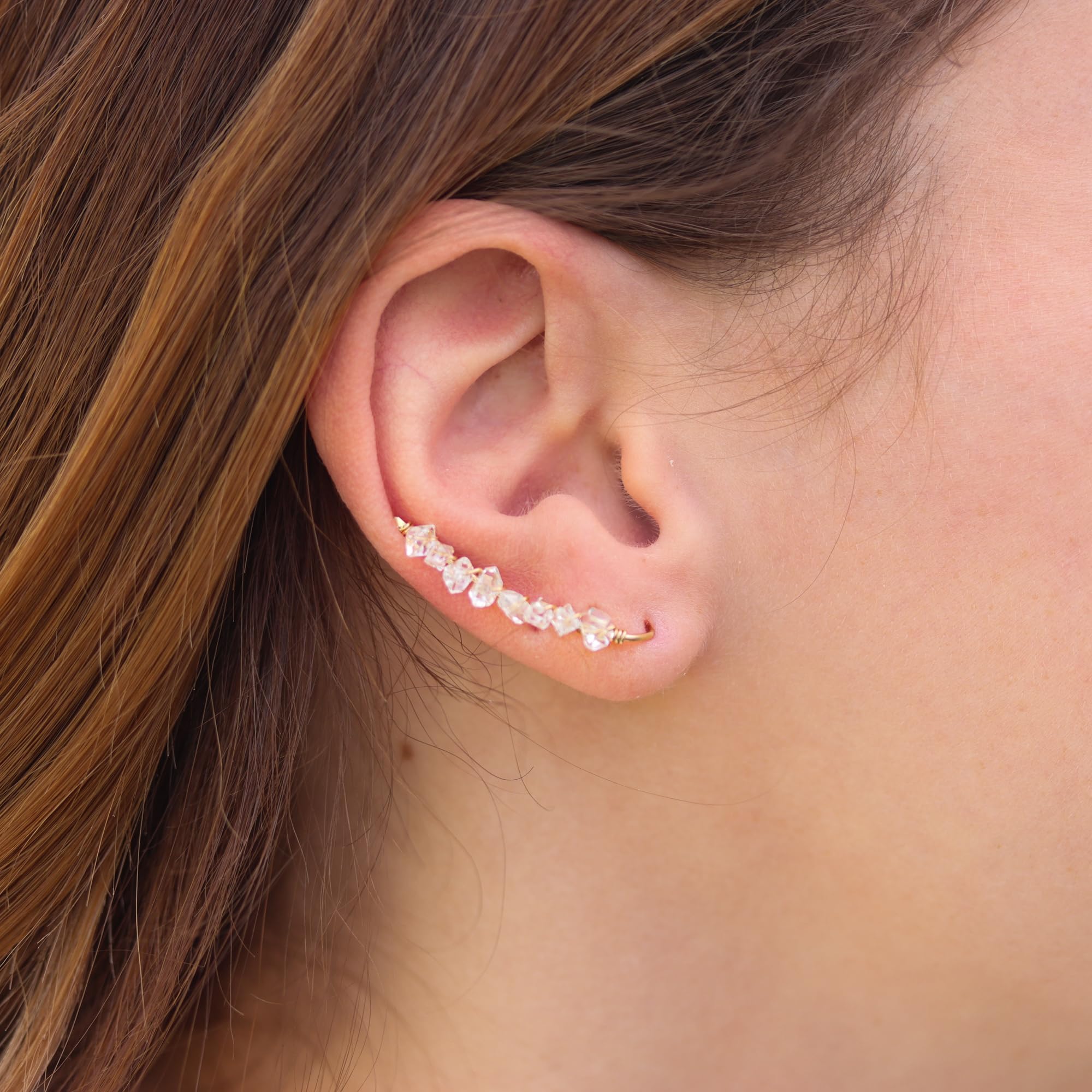 14K Rose Gold Filled Herkimer Diamond Ear Climbers - Handmade Dainty Earrings for Women | Lotus Stone Jewelry | Perfect for Date Night, Parties & Special Occasions