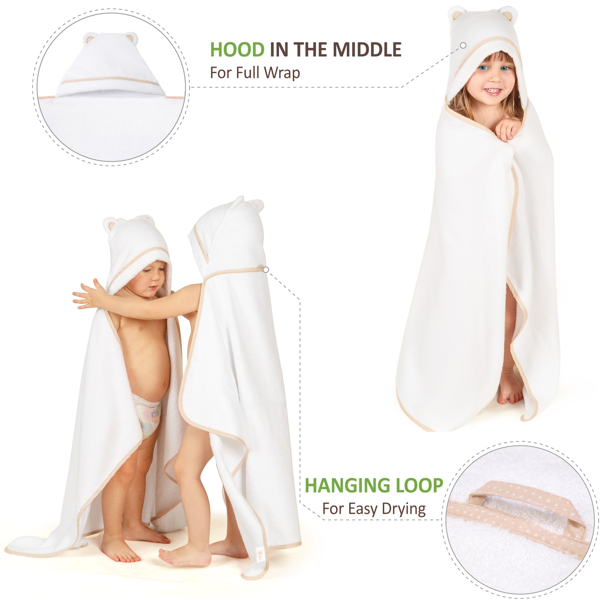 Premium Bamboo Rayon Toddler Hooded Towel - Soft & Absorbent Baby Bath Towel for Boys & Girls - Large Kids Hooded Towel for Swimming, Beach & After Bath (White)