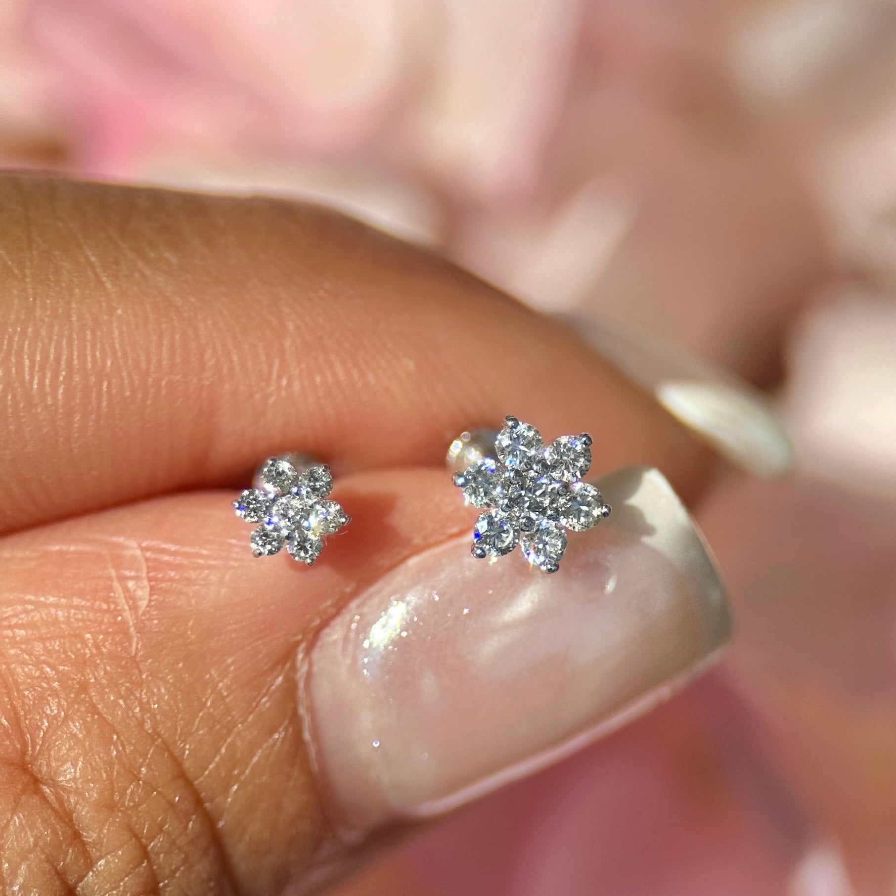 14k Yellow Gold Seven Diamond Flower Flat Back Stud Earrings - Elegant Floral Jewelry for Women, Perfect for Weddings, Parties & Everyday Wear