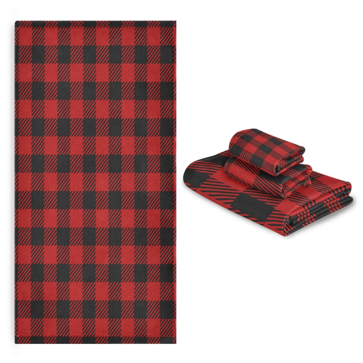 Blueangle Black Red Plaid 3-Piece Bath Towel Set - Super Soft & Absorbent Cotton Towels for Bath, Hand & Face - Fade Resistant & Quick Dry - Perfect for Spa, Gym & Guest Bathrooms