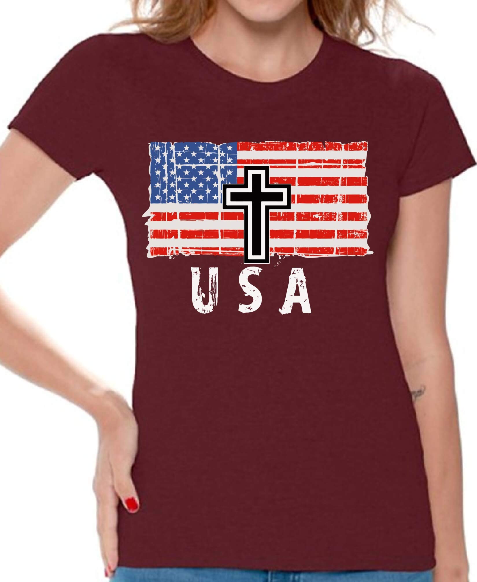 USA Flag T-Shirt for Women - Patriotic Red White & Blue American Flag Graphic Tee | Casual Wear, 4th of July Outfit, Independence Day Celebration