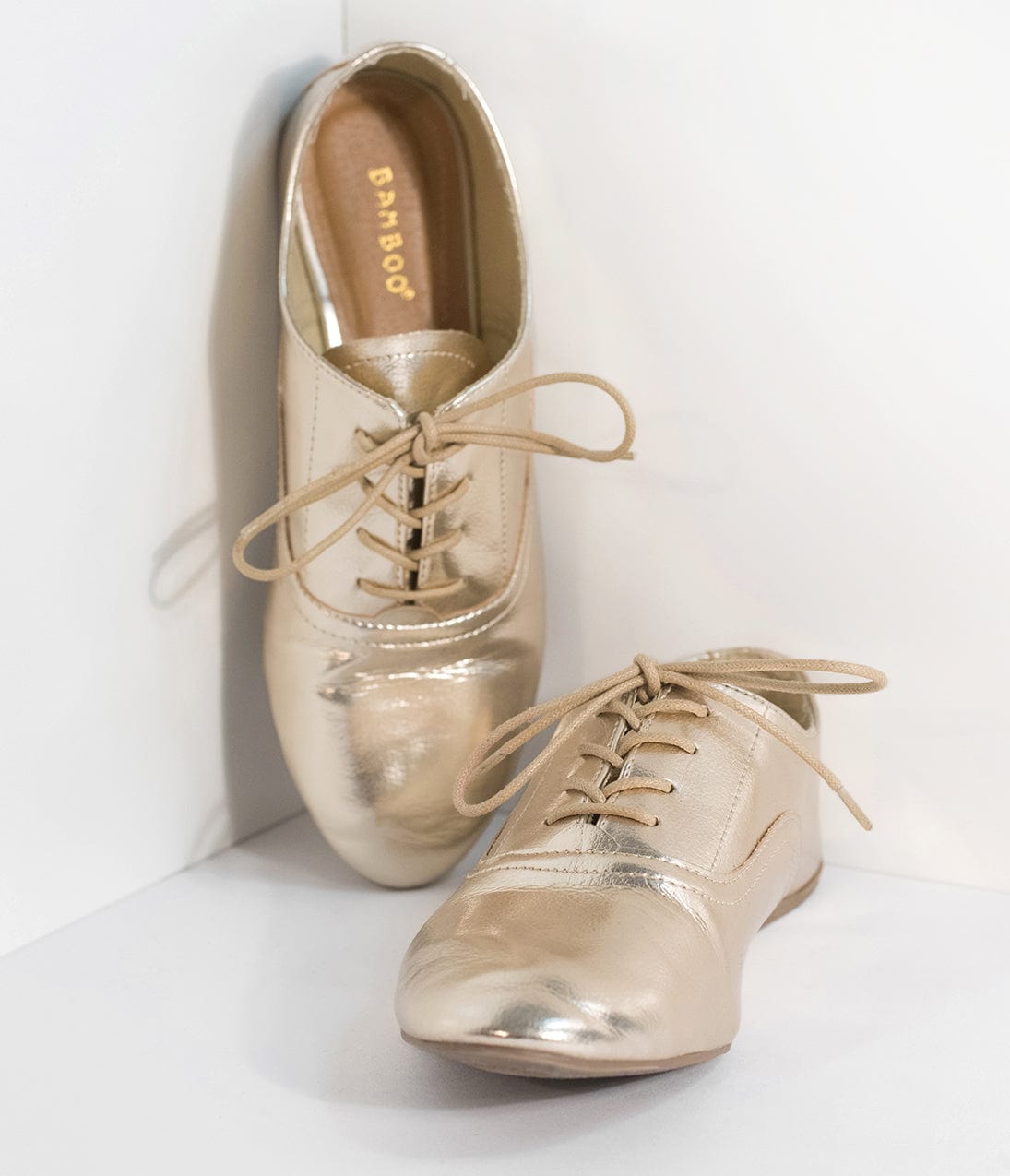 Metallic Gold Classic Lace Up Flats for Women - Comfortable Casual Shoes for Office, Party & Everyday Wear