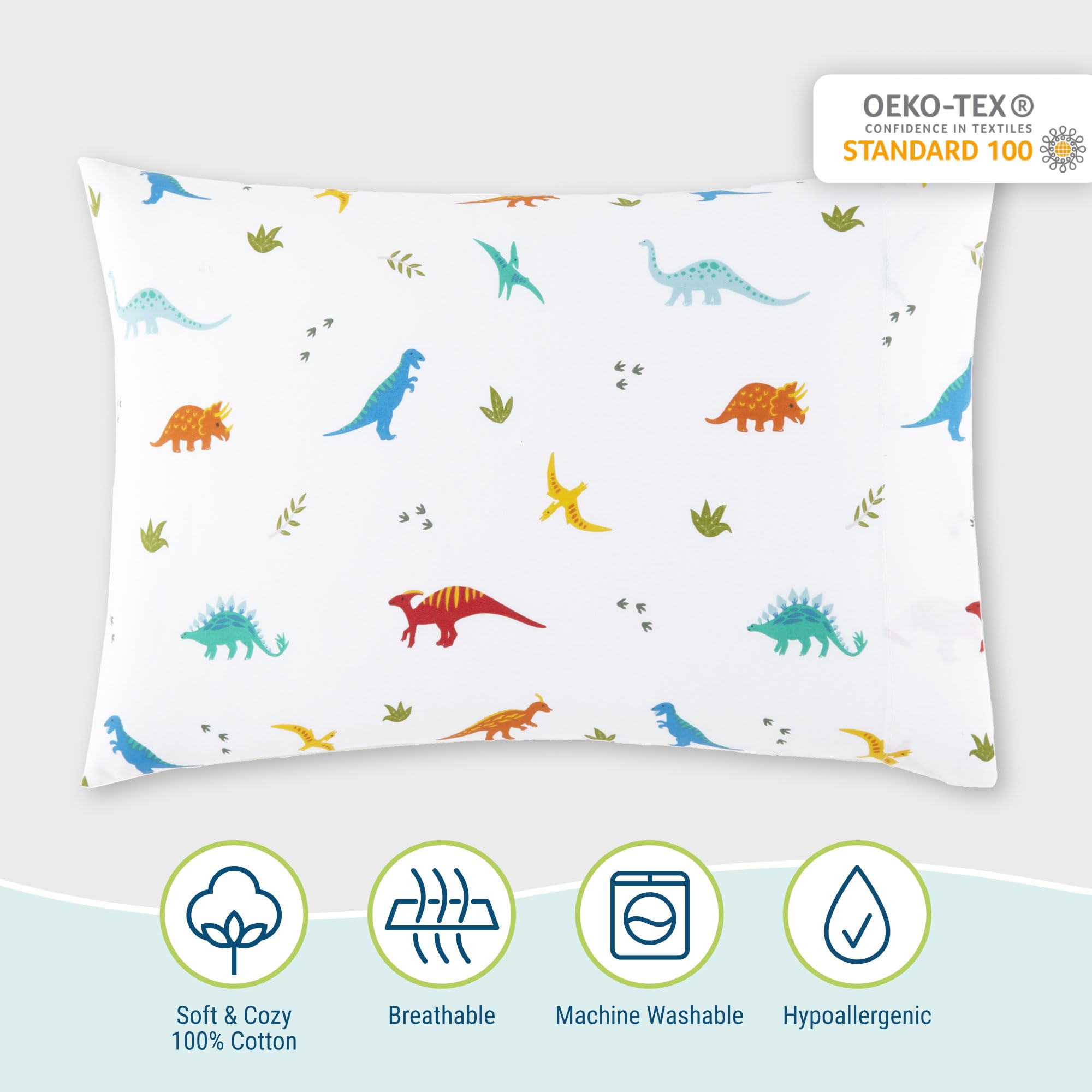 Wildkin 100% Cotton Hypoallergenic Toddler Pillowcase - 19 x 13.5 Inches Kids Pillow Cover for Boys & Girls | Dinosaur Theme | Perfect for Nursery, Daycare & Travel (Jurassic Dinosaurs Design)