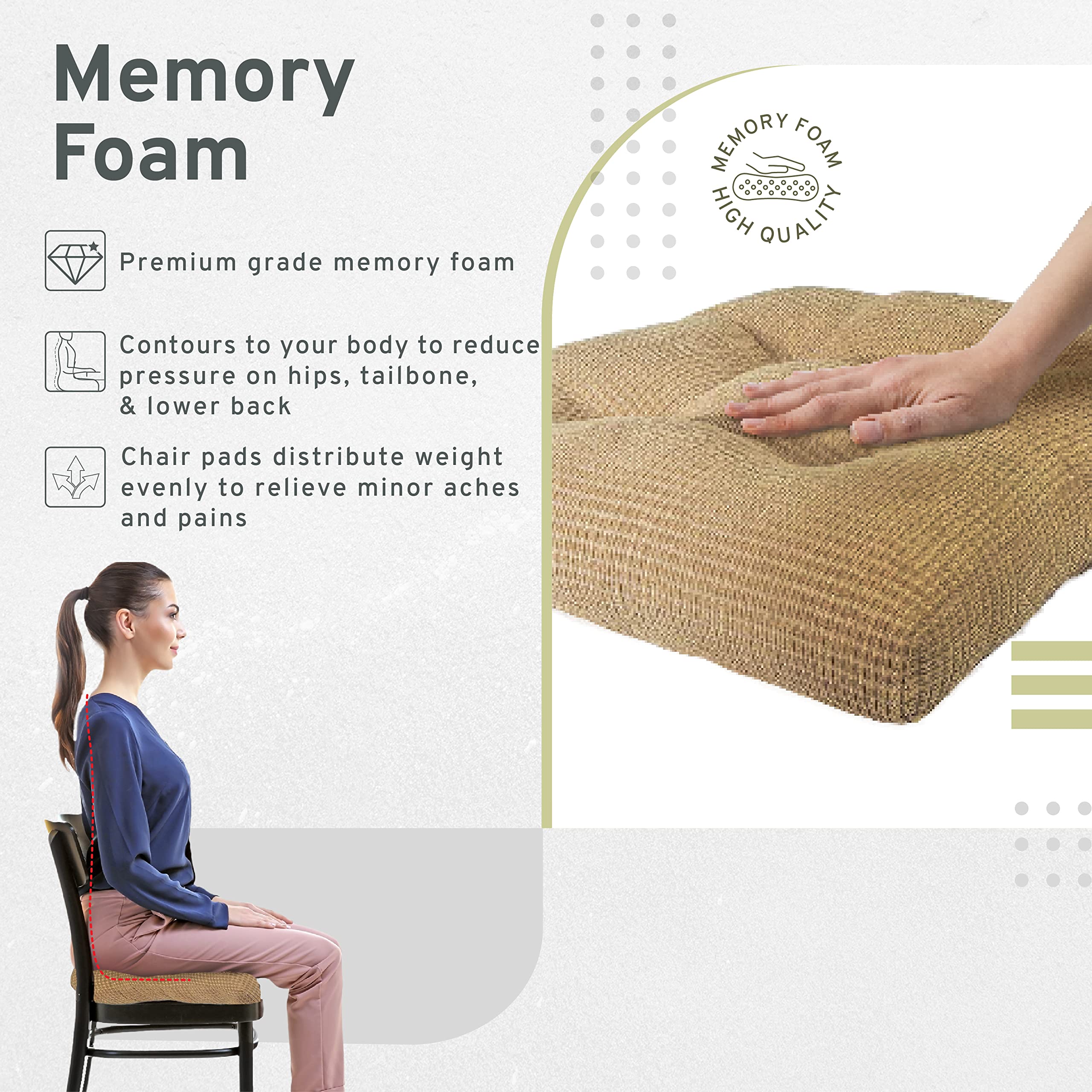 Arlee 2-Pack Memory Foam Dining Chair Cushions - Non-Slip Backing, Thick & Durable Seat Pads for Kitchen, Office, Patio - 15.5