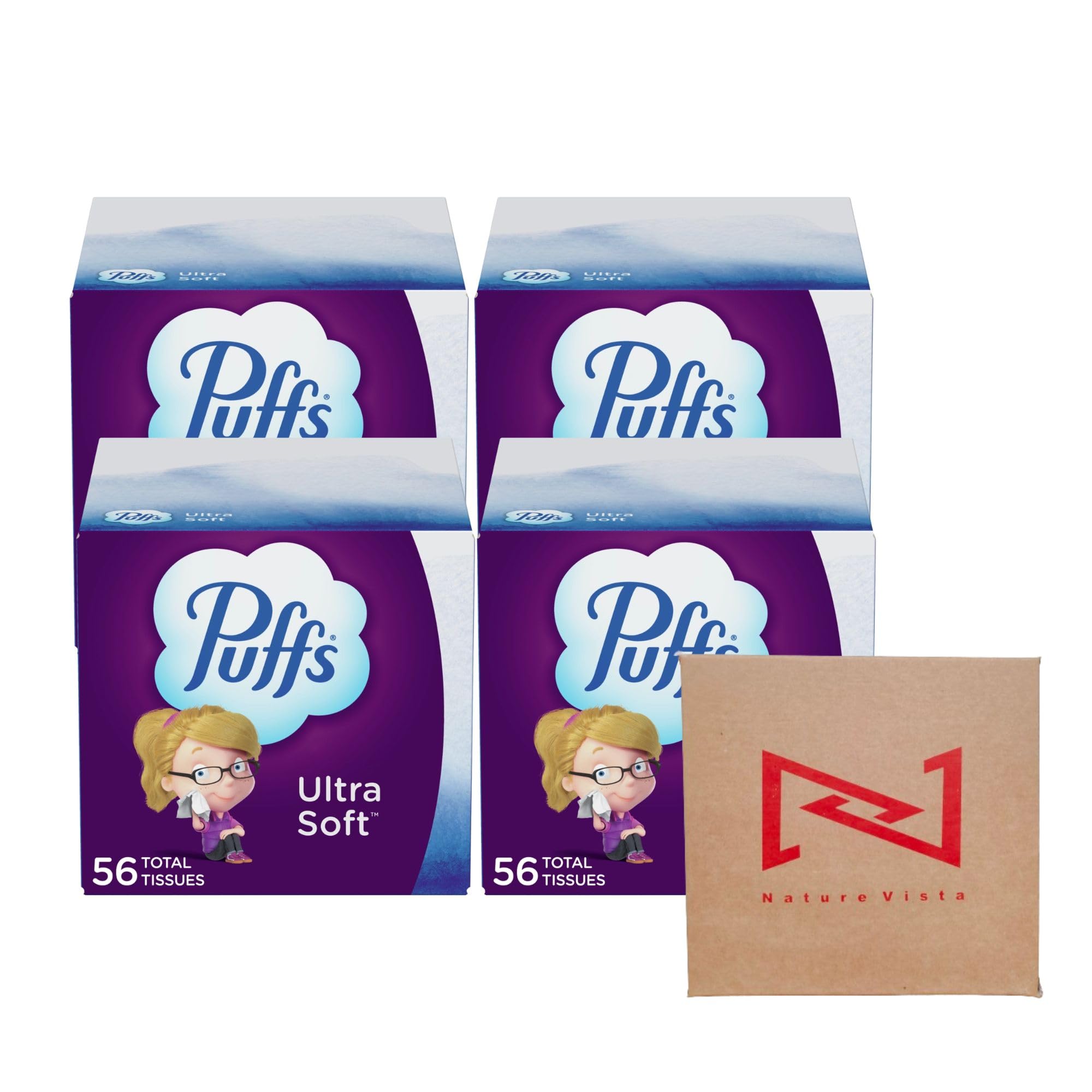 Premium Cube Puff Facial Tissue Box (Pack of 4) - Ultra Soft & Strong 2-Ply Tissues - 56 Sheets per Box with Nature Vista Design - Perfect for Home, Office, and Car Use