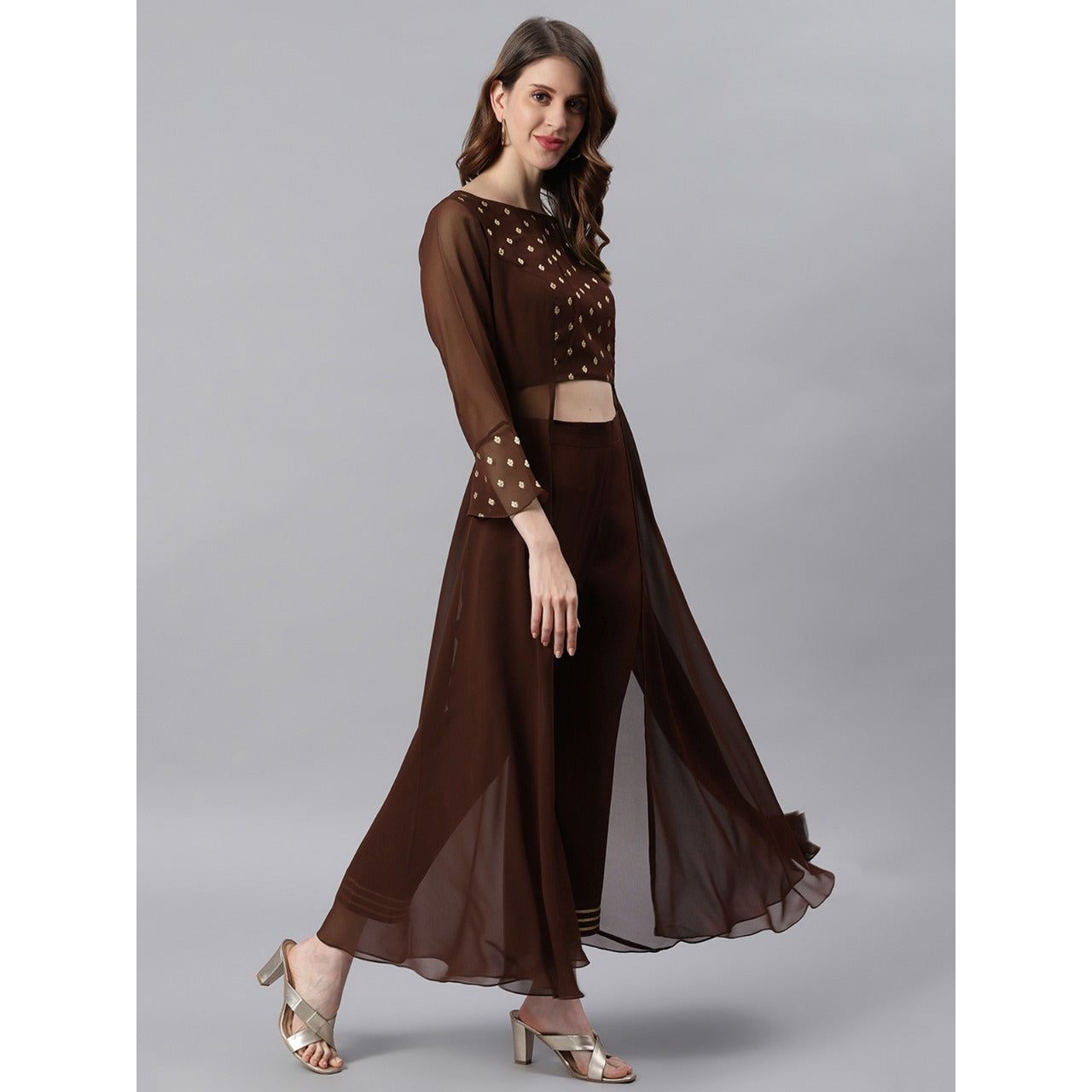 Elegant Brown & Gold 2-Piece Indian Fusion Outfit Set for Women | Ethnic Party Wear | Wedding Guest Outfit | Festival Fashion | Diwali & Holi Celebration Attire