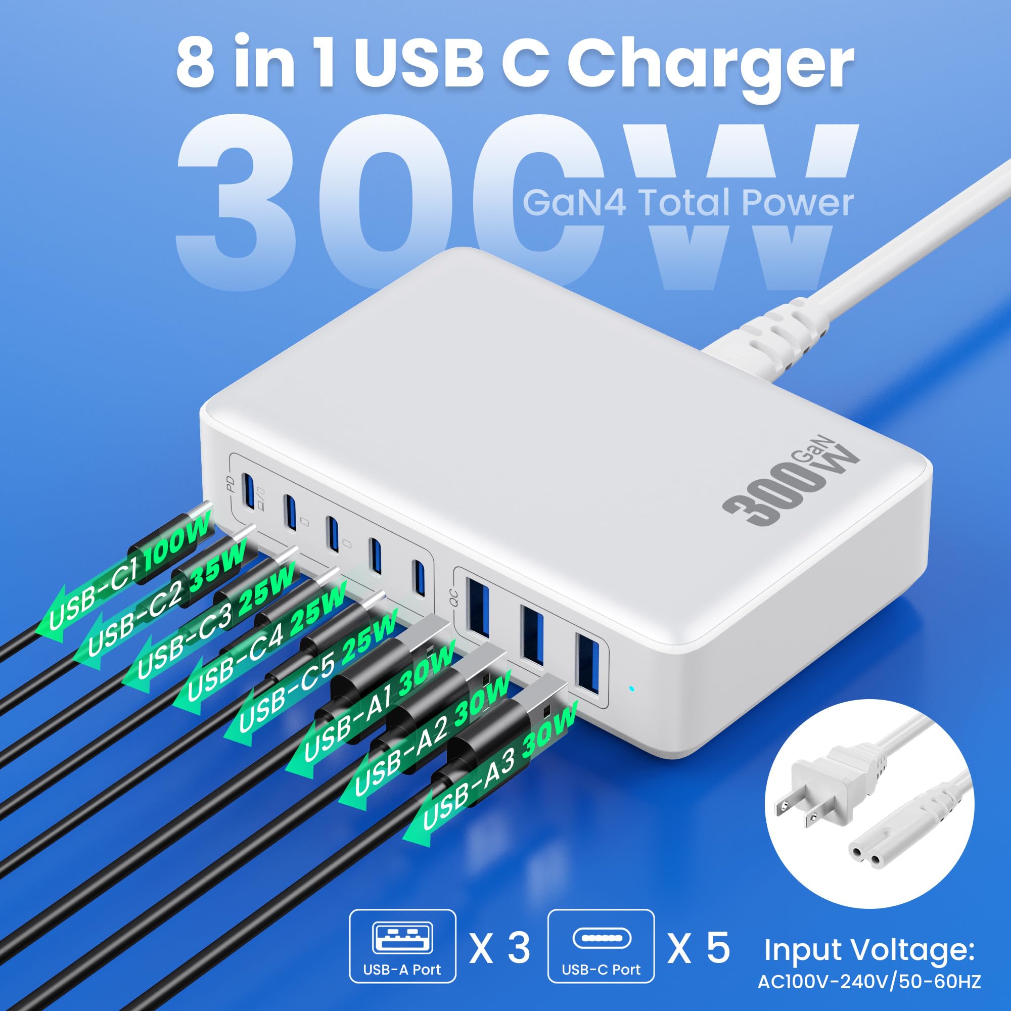 300W GaN IV Fast Charging Station with 8-Ports USB C Charger Block - PD 100W Laptop Charger Hub Compatible with MacBook/Air, Dell, Steam Deck, iPhone 16/15/14, Galaxy S24 - Perfect for Home, Office & Travel Charging Needs