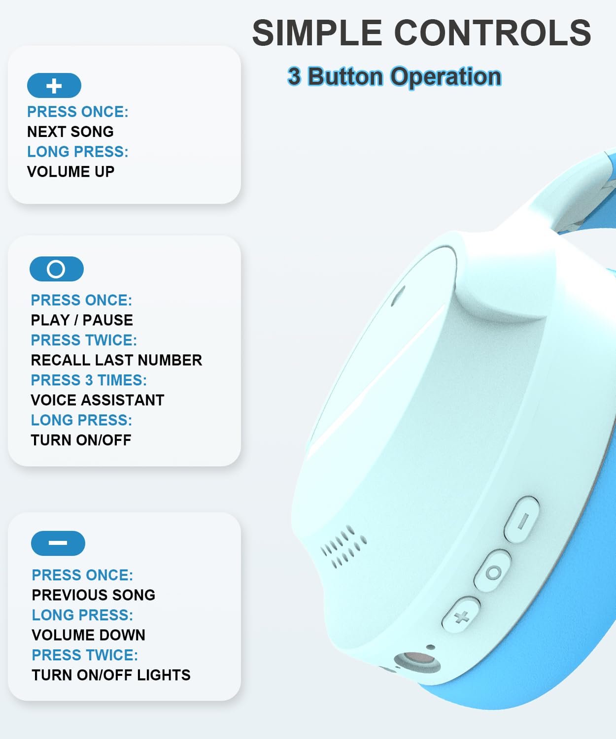 Wireless Bluetooth Headphones for Kids with LED Lights, Built-in Mic, Over-Ear Design - Bluetooth 5.3 Headphones for Boys & Girls Ages 6-18 - Perfect for School, Travel, iPad, Tablet (Blue)