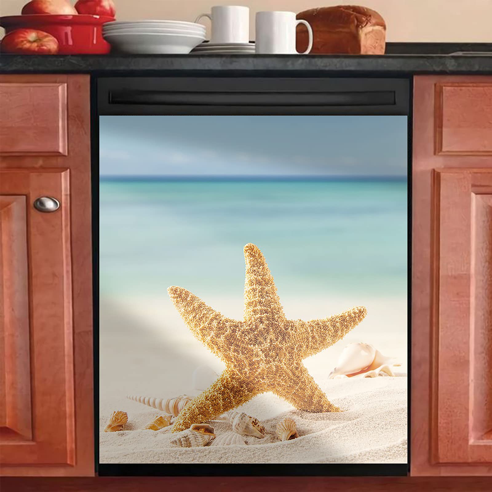 Beach Sea Shells & Starfish Magnetic Dishwasher Cover - Ocean-Themed Decorative Kitchen Panel Decal - Easy Installation & Update - Perfect for Coastal, Nautical & Beach House Decor
