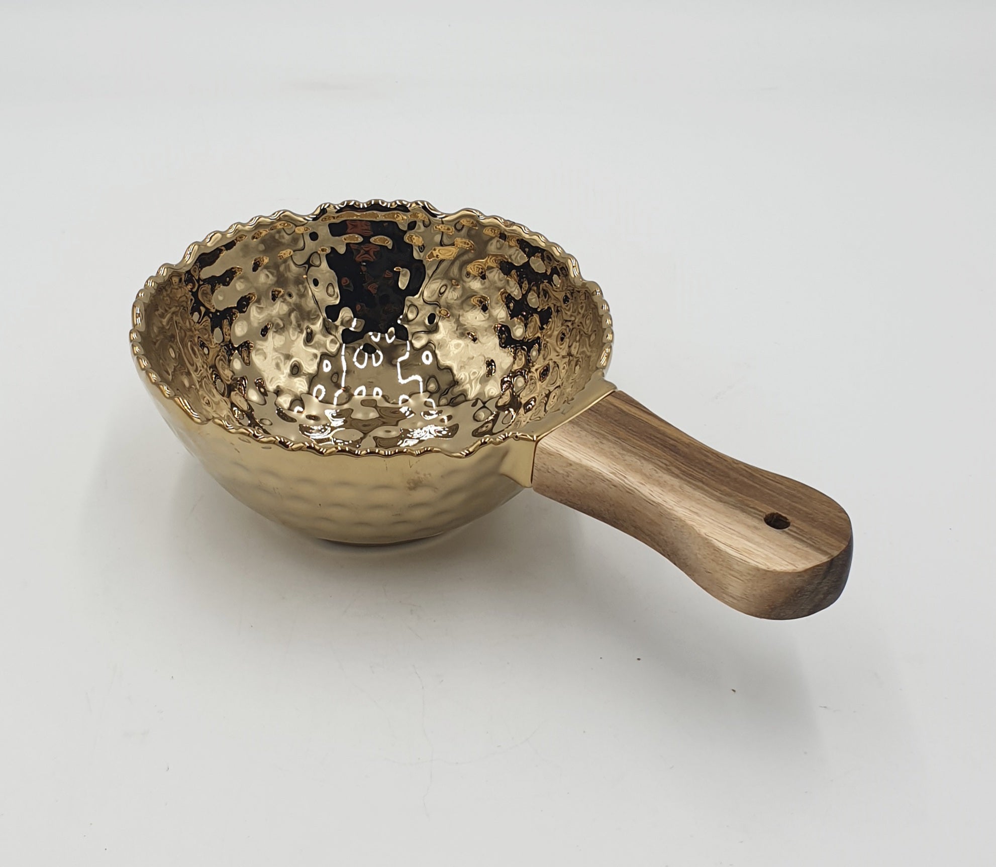 5.5x9 Inch Gold Round Bowl with Wooden Handle - Elegant Serving Bowl for Salads, Soups, and Home Decor