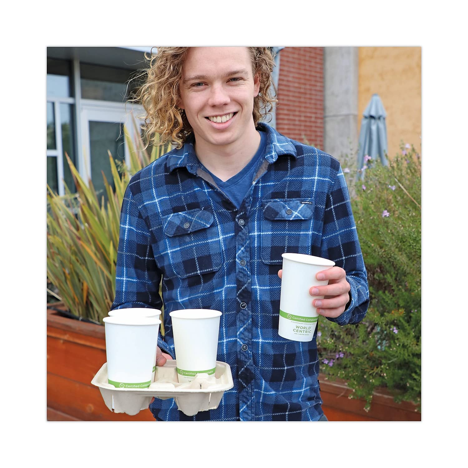 Eco-Friendly World Centric Fiber Cup Carriers - Holds 8 oz to 22 oz Cups, 4-Cup Natural Biodegradable Holder, 600/Carton (CCFB4LF) - Perfect for Coffee Shops, Restaurants & Sustainable Events