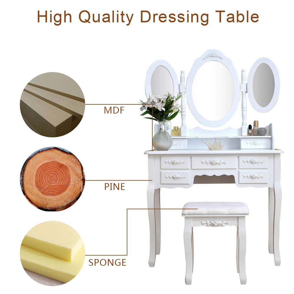 Henf Vanity Table Set with Tri-Folding Mirror - White Wooden Dressing Table, Makeup Desk with Stool & 7 Drawers - Elegant Bedroom Furniture for Women & Girls | Perfect for Makeup, Skincare & Jewelry Organization