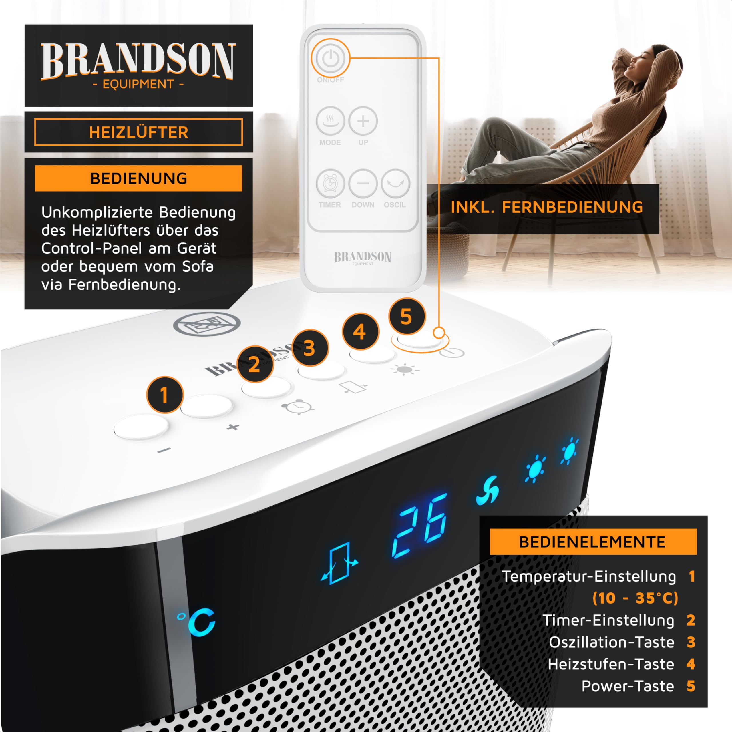 Brandson - Energy Efficient Ceramic Space Heater with Remote Control - Quiet Oscillating Bathroom Heater with Timer - GS Certified - Perfect for Bedroom, Office & Small Spaces