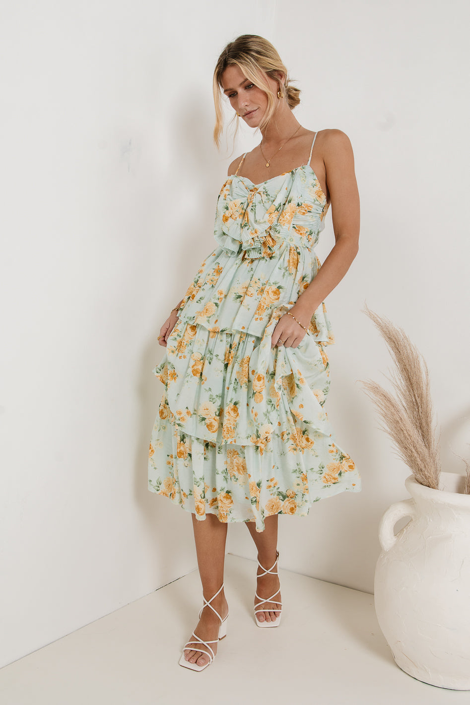 Ava Floral Midi Dress in Sage Green - Women's Boho Summer Dress with Short Sleeves - Perfect for Beach Vacation, Garden Party & Date Night