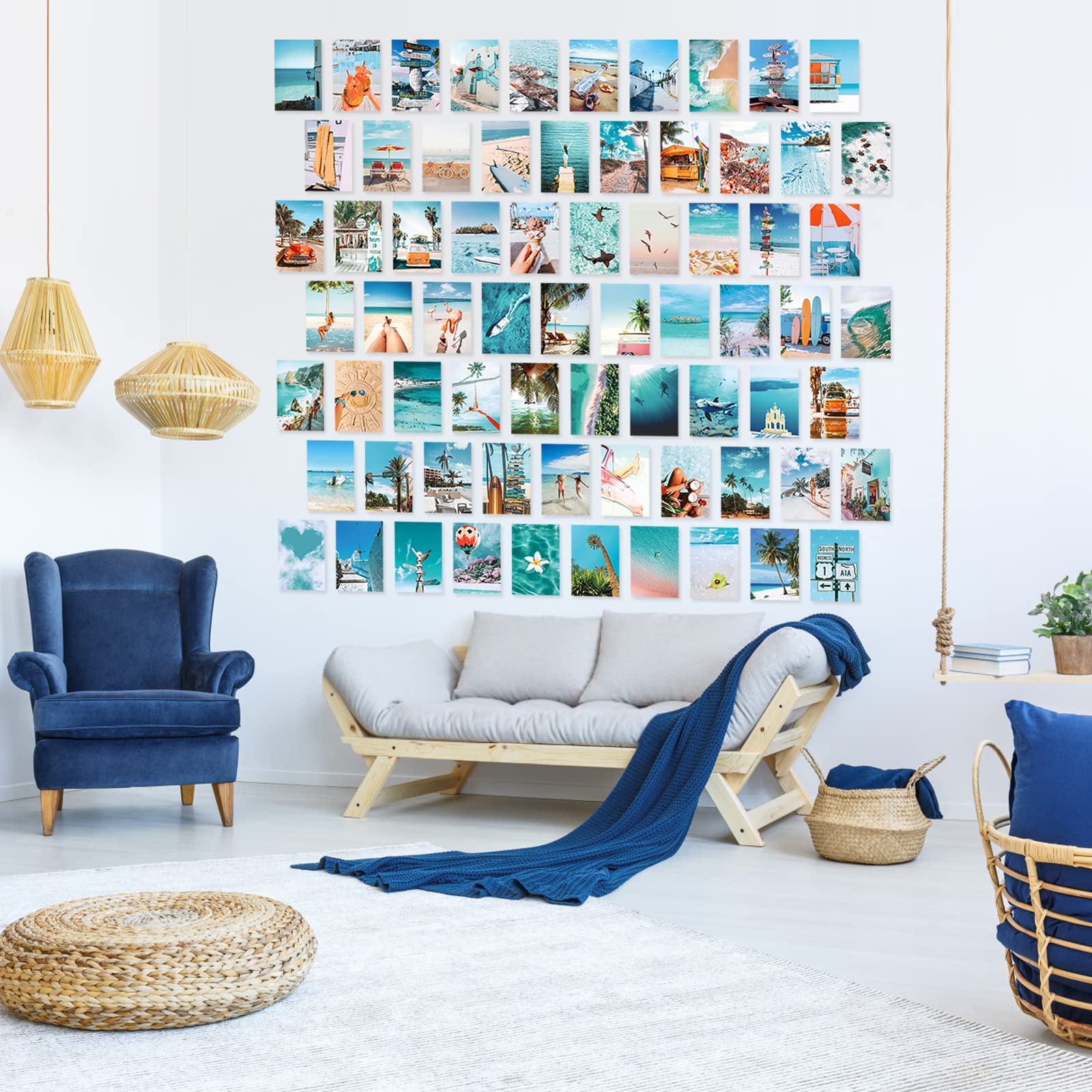 LIIGEMI 70PCS Blue Aesthetic Wall Collage Kit - Summer Beach Themed Prints for Teen Girls Room Decor | Double-Sided 4x6 Inch VSCO Style Pictures | Perfect for Bedroom, Dorm, or Gift Decorations