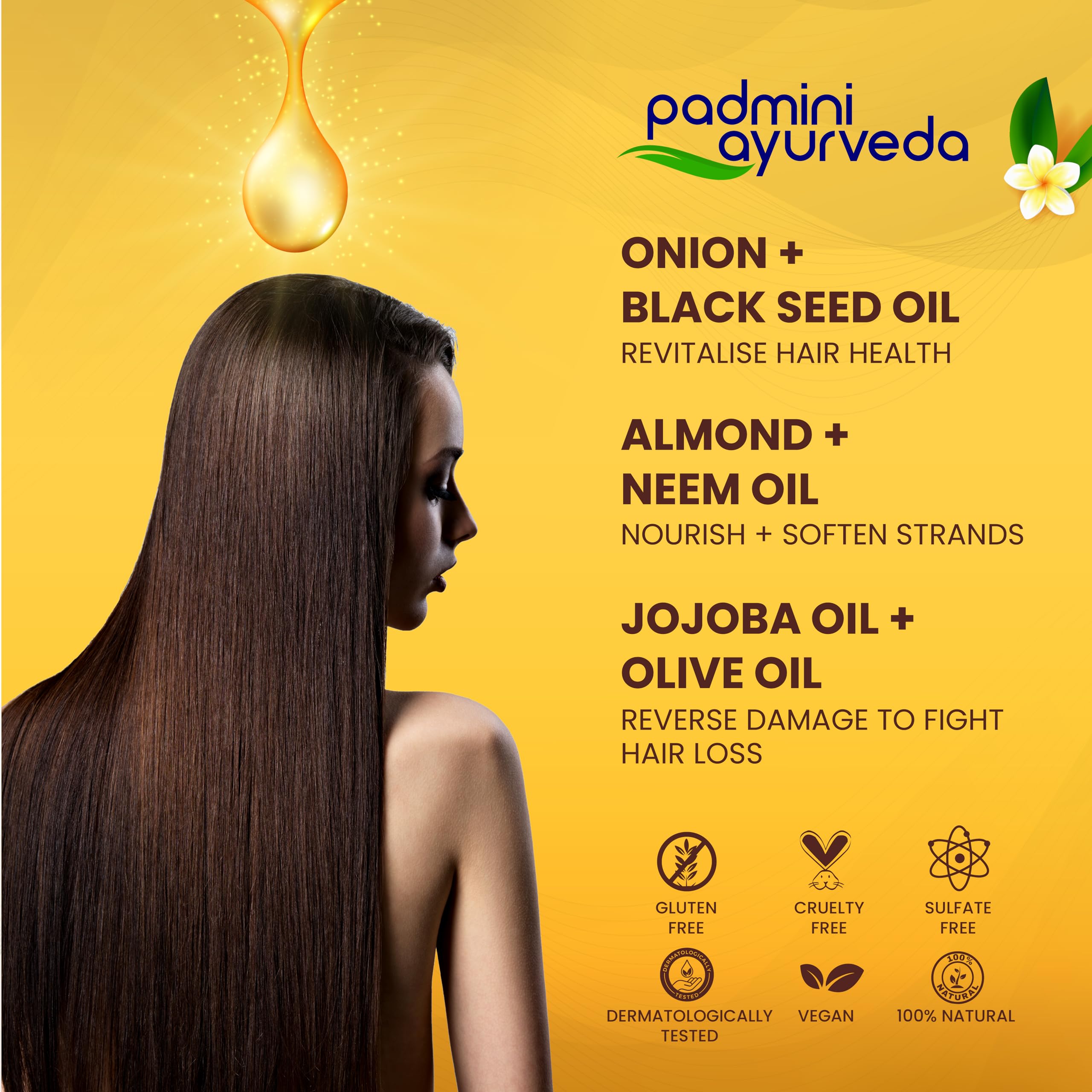 Padmini Ayurveda Onion Hair Oil for Men & Women - 100ml | Natural Hair Growth Treatment for Healthy, Strong & Nourished Hair | Reduces Hair Fall & Promotes Thickness | Perfect for Daily Hair Care & Scalp Massage