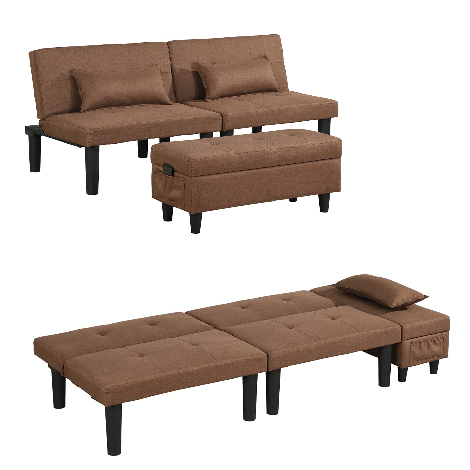 SAMERY Convertible Futon Sofa Bed - 3-in-1 Sleeper Sofa, Recliner & Loveseat with Storage Ottoman & Lumbar Pillows | Modern Living Room Furniture with Metal Legs | Perfect for Small Spaces, Guest Rooms & Apartments