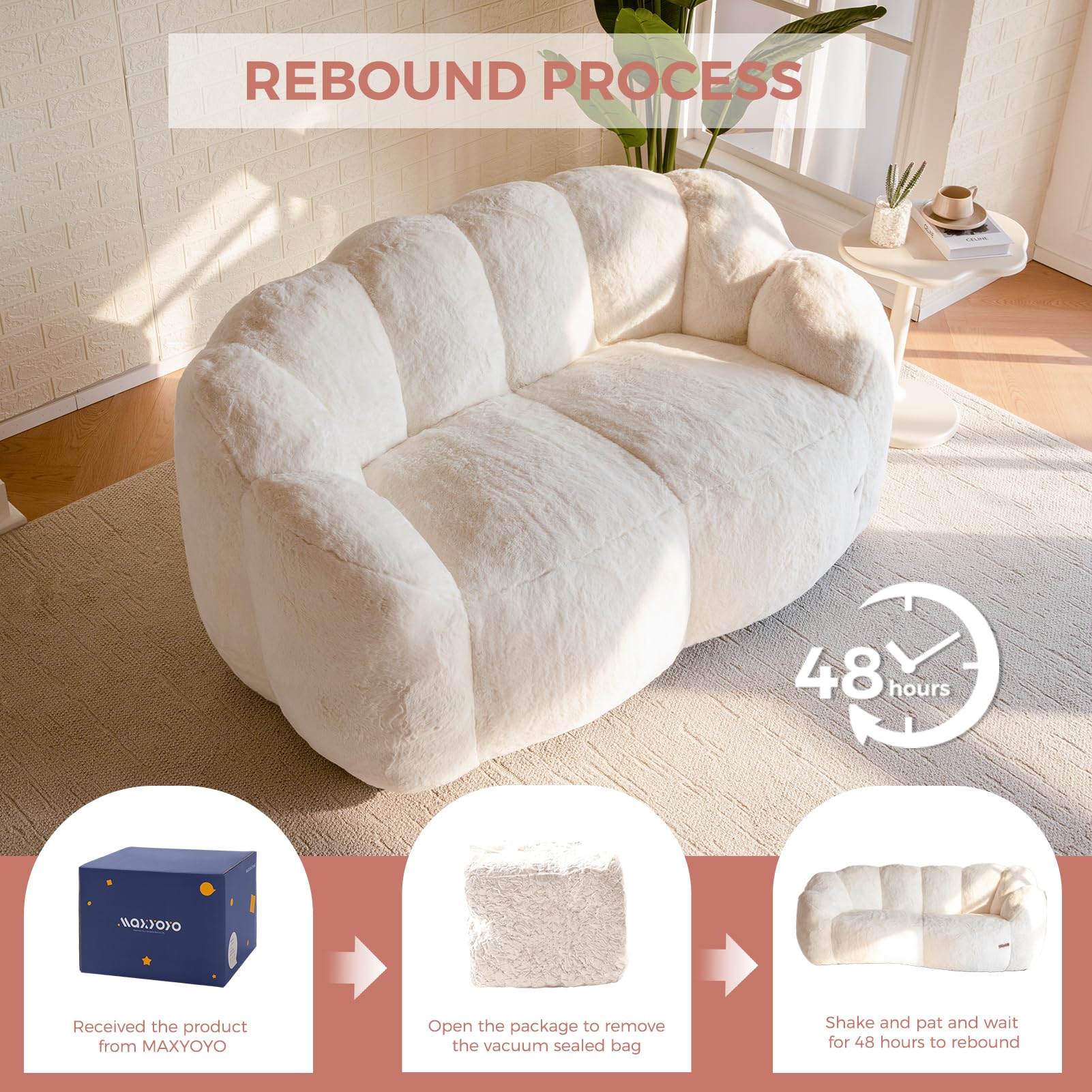 MAXYOYO Ultra Soft Faux Fur Bean Bag Chair - Double Size Loveseat with Floral Petal Back Design for Adults (Beige) | Perfect for Living Room, Bedroom, Dorm & Game Room Relaxation