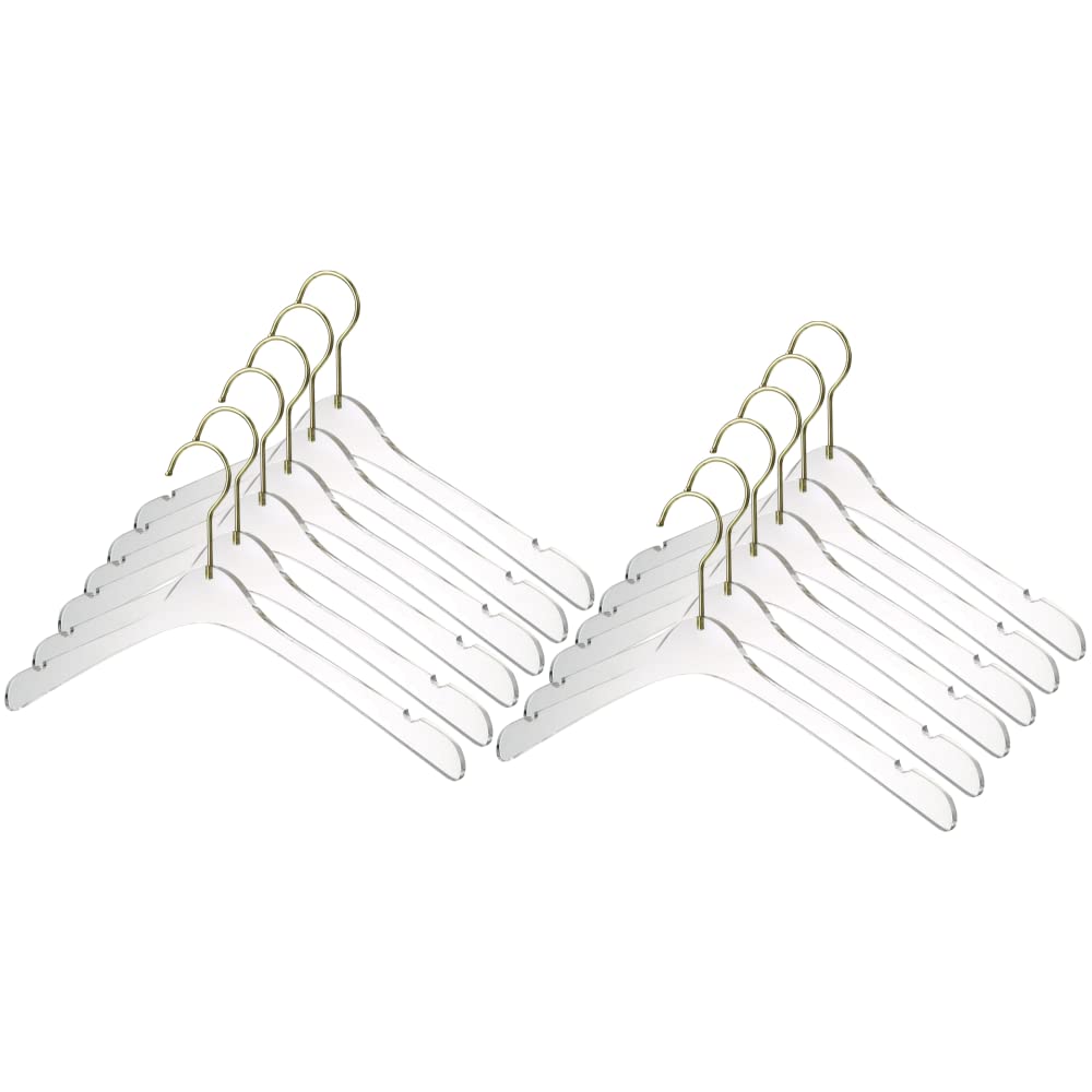 Premium Clear Acrylic Clothes Hangers - 12 Pack Gold Luxury Hangers for Wardrobe & Closet Organization - Durable Plastic Coat Hangers for Men's Suits, Shirts & Pants - Ideal for Home, Office & Travel Use