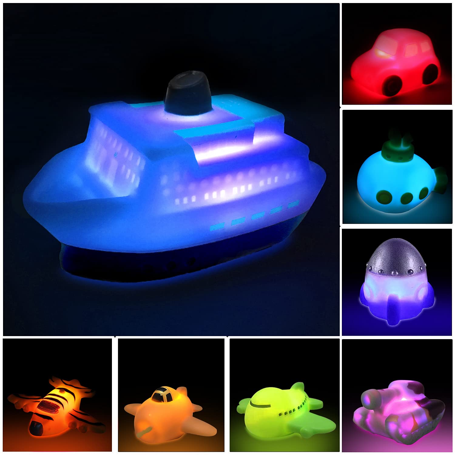 Jomyfant 8-Pack Light Up Baby Bath Toys - Floating Rubber Traffic Toys with Flashing Color Changing Lights for Toddlers & Kids - Fun Bathtub & Shower Games for Sensory Play and Early Learning