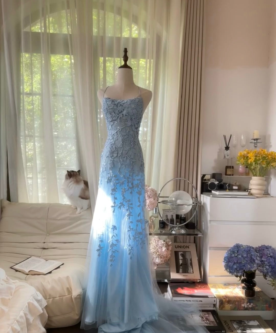 Elegant Blue Applique Prom Dress - Backless Evening Gown for Women J6551 | Perfect for Homecoming, Formal Dances & Special Occasions