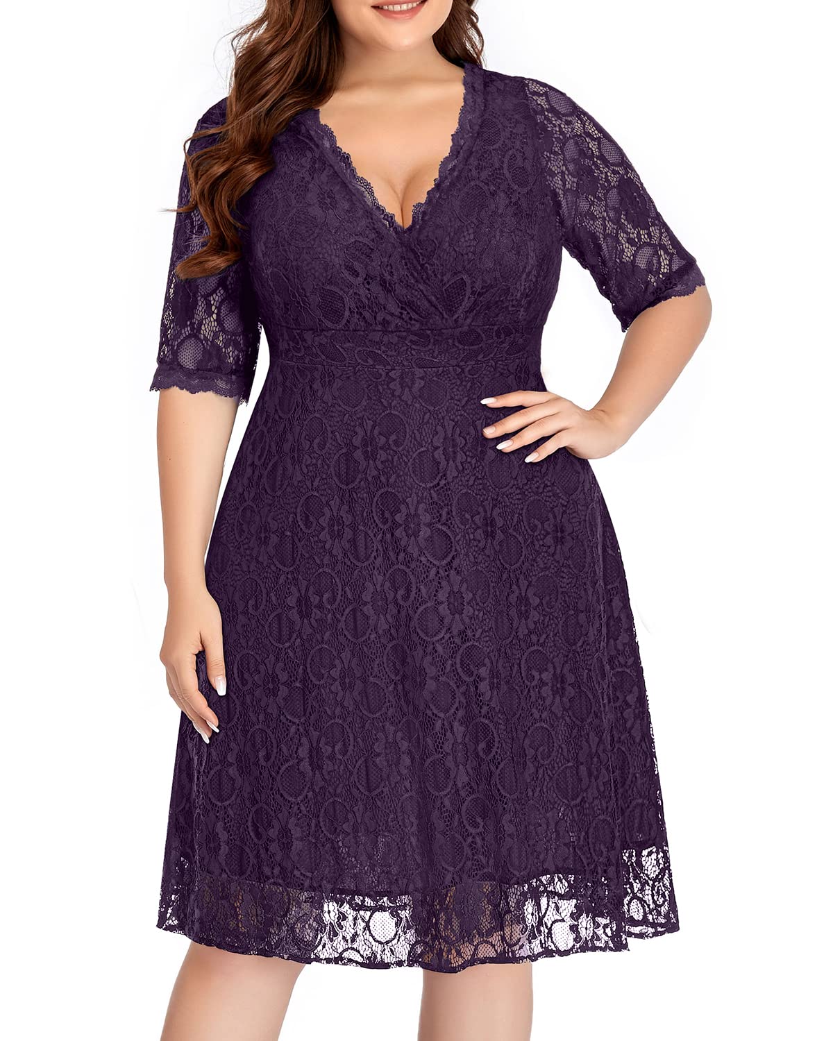 Plus Size Women's Lace Wrap V-Neck Knee-Length Dress for Wedding Guest, Cocktail Party & Semi-Formal Occasions - Elegant & Comfortable Formal Wear